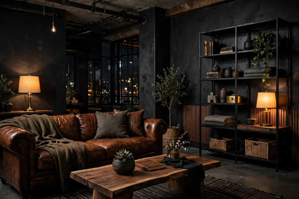 Industrial living room with charcoal painted walls and warm lighting