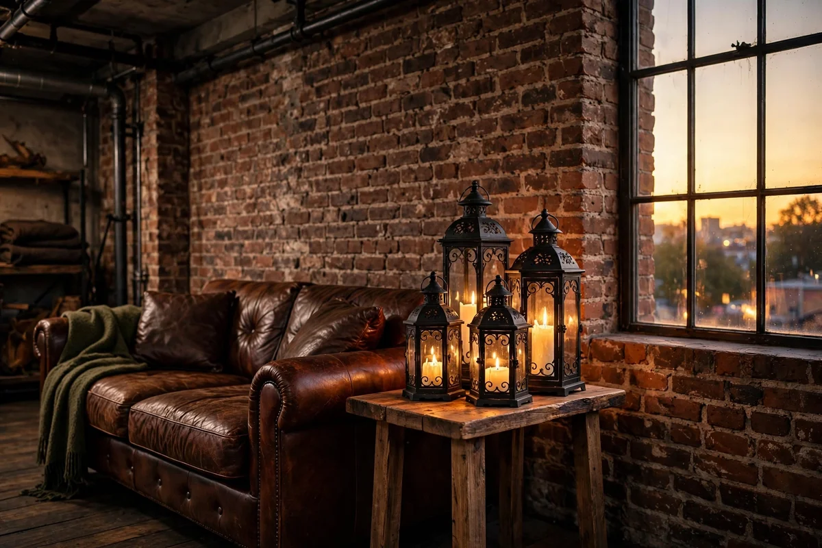Industrial living room with wrought iron candle lanterns glowing on a side table