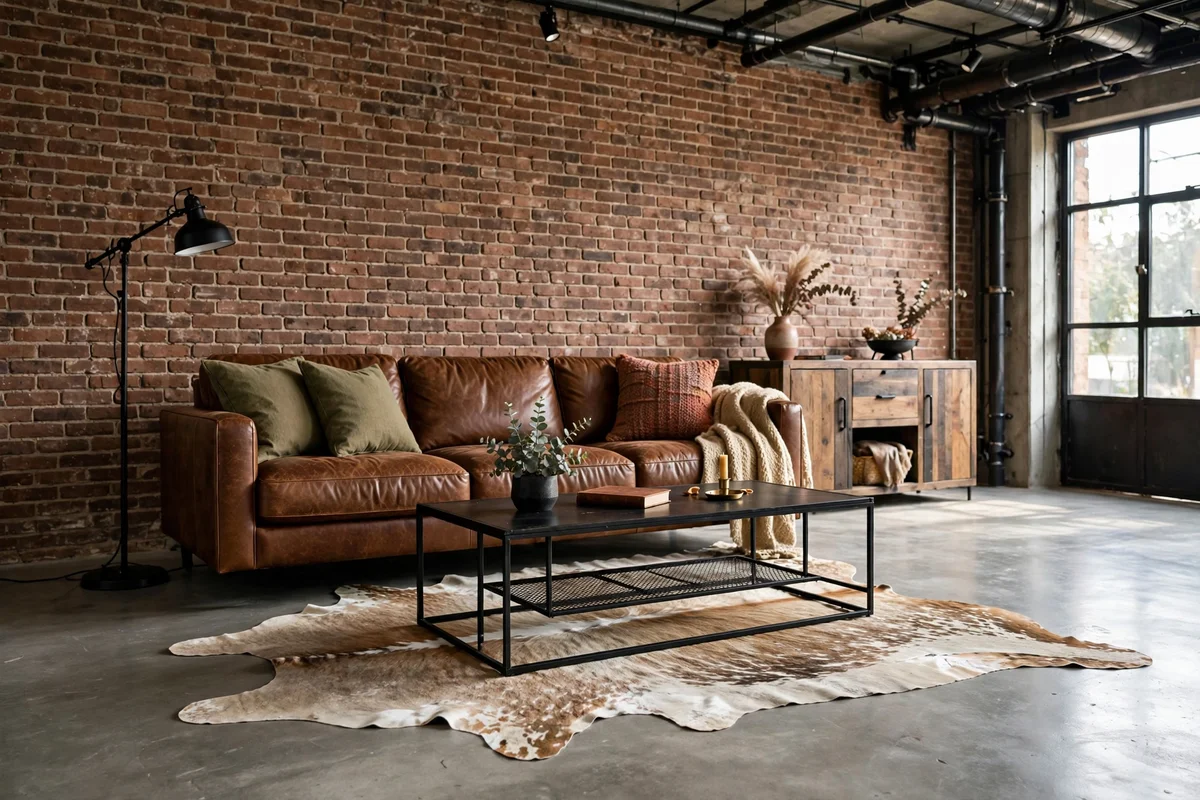 Industrial living room with a distressed cowhide rug under a leather sofa