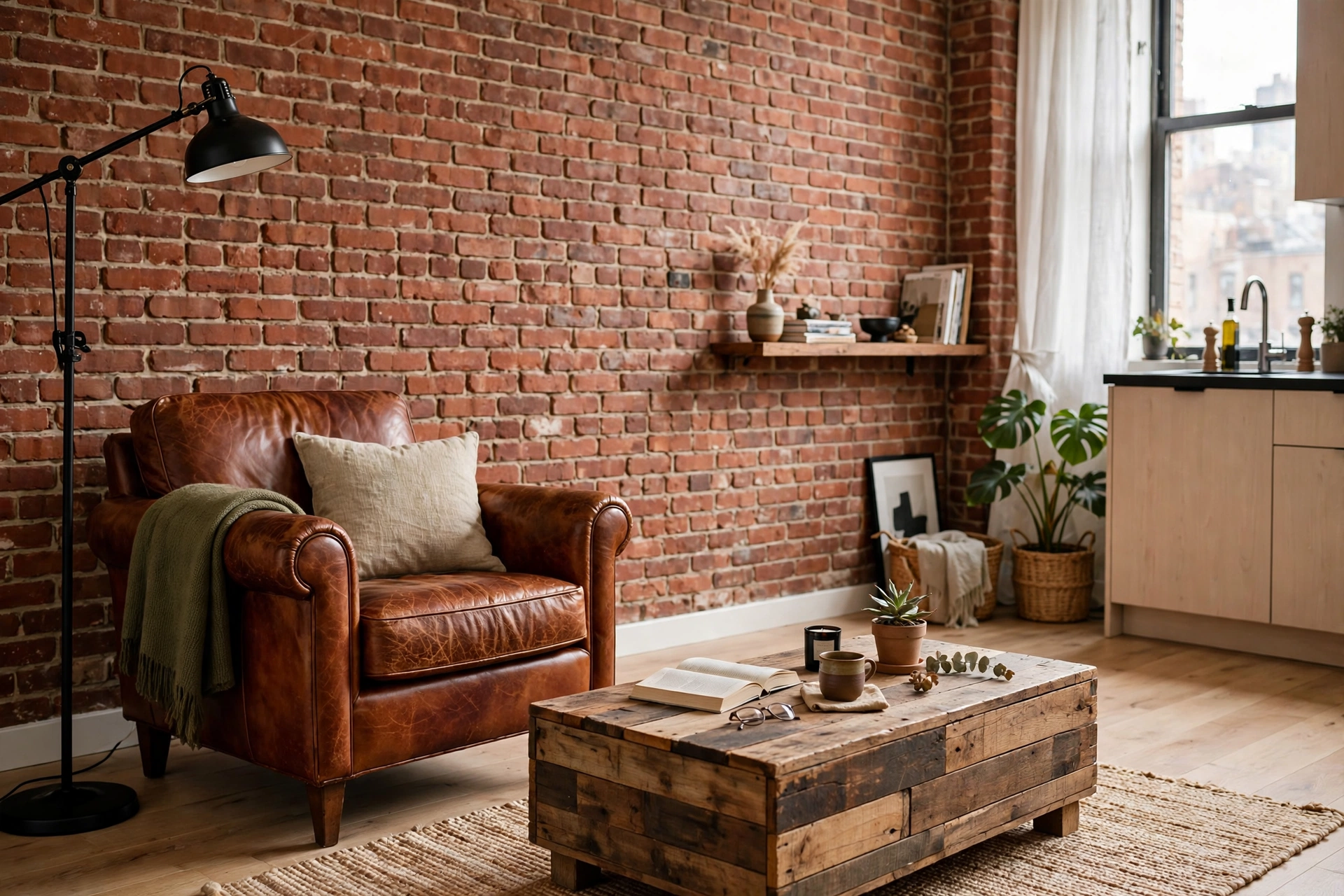 Exposed brick accent wall with leather armchair in an industrial studio apartment living area