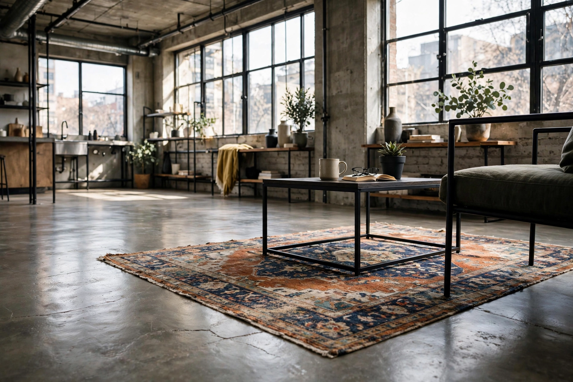 Polished concrete-look flooring with black metal furniture in an industrial studio apartment