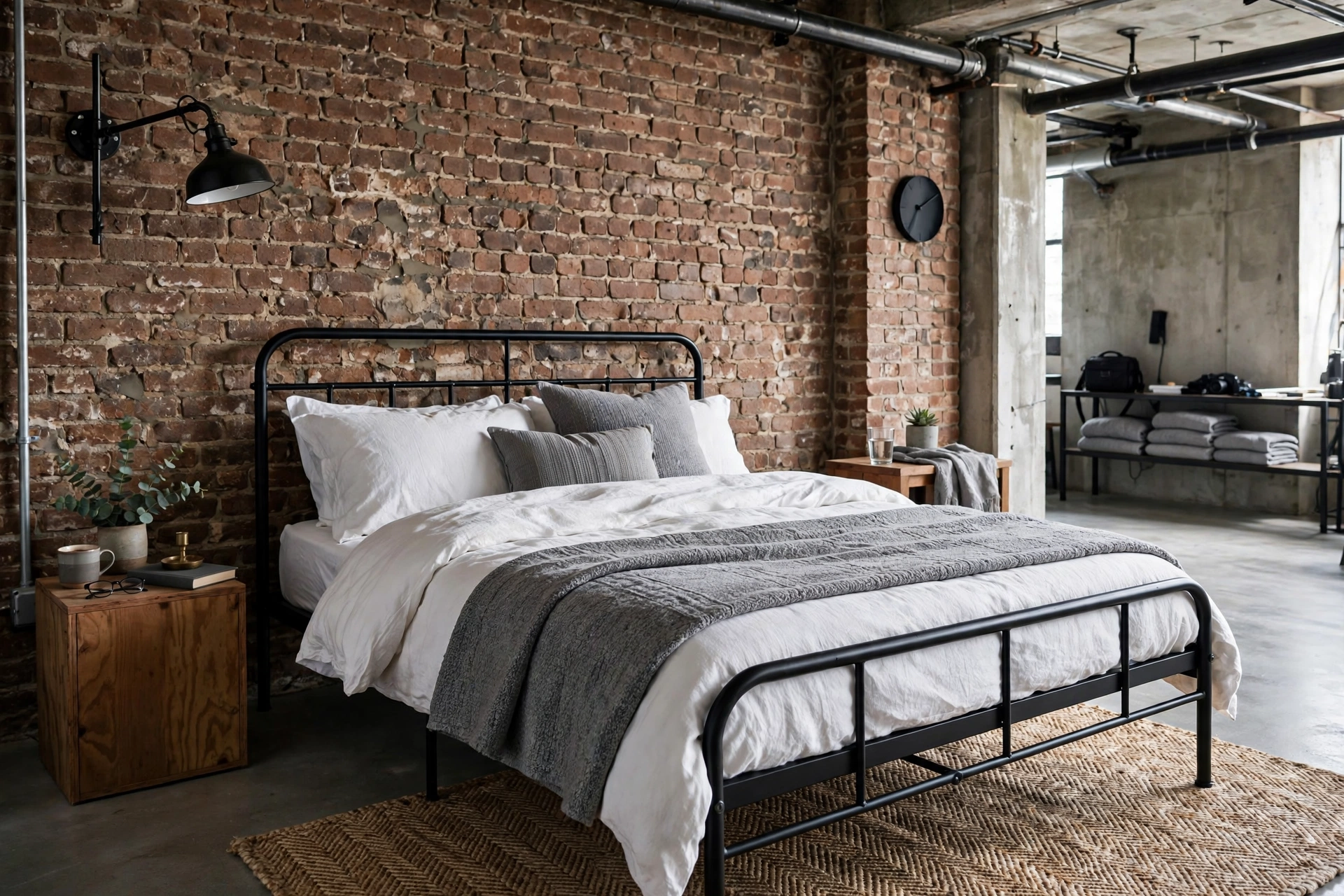 Black metal bed frame with neutral bedding in an industrial studio sleeping zone