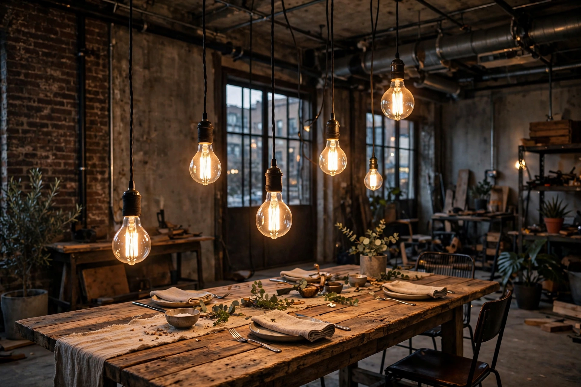 Edison bulb pendant lights over a dining table in an industrial studio