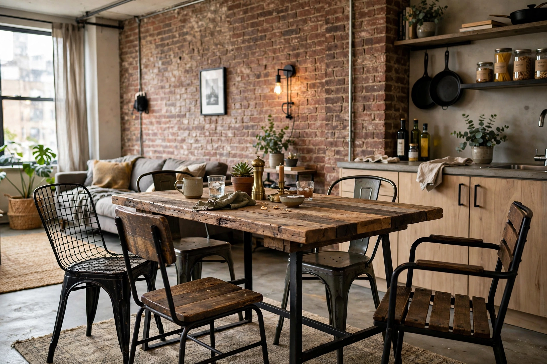Reclaimed wood dining table with black metal legs in an industrial studio