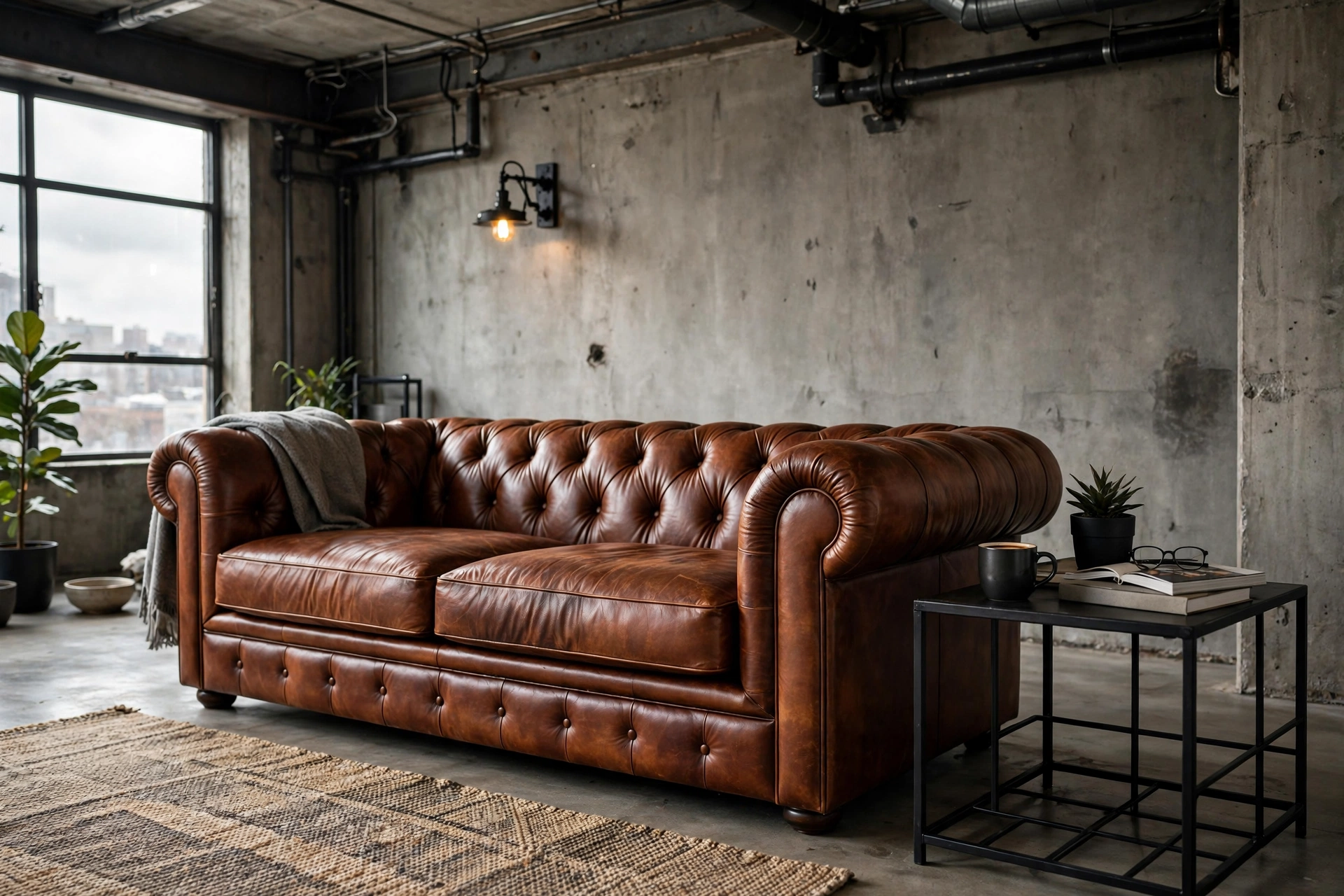 Cognac leather chesterfield sofa in an industrial studio living room