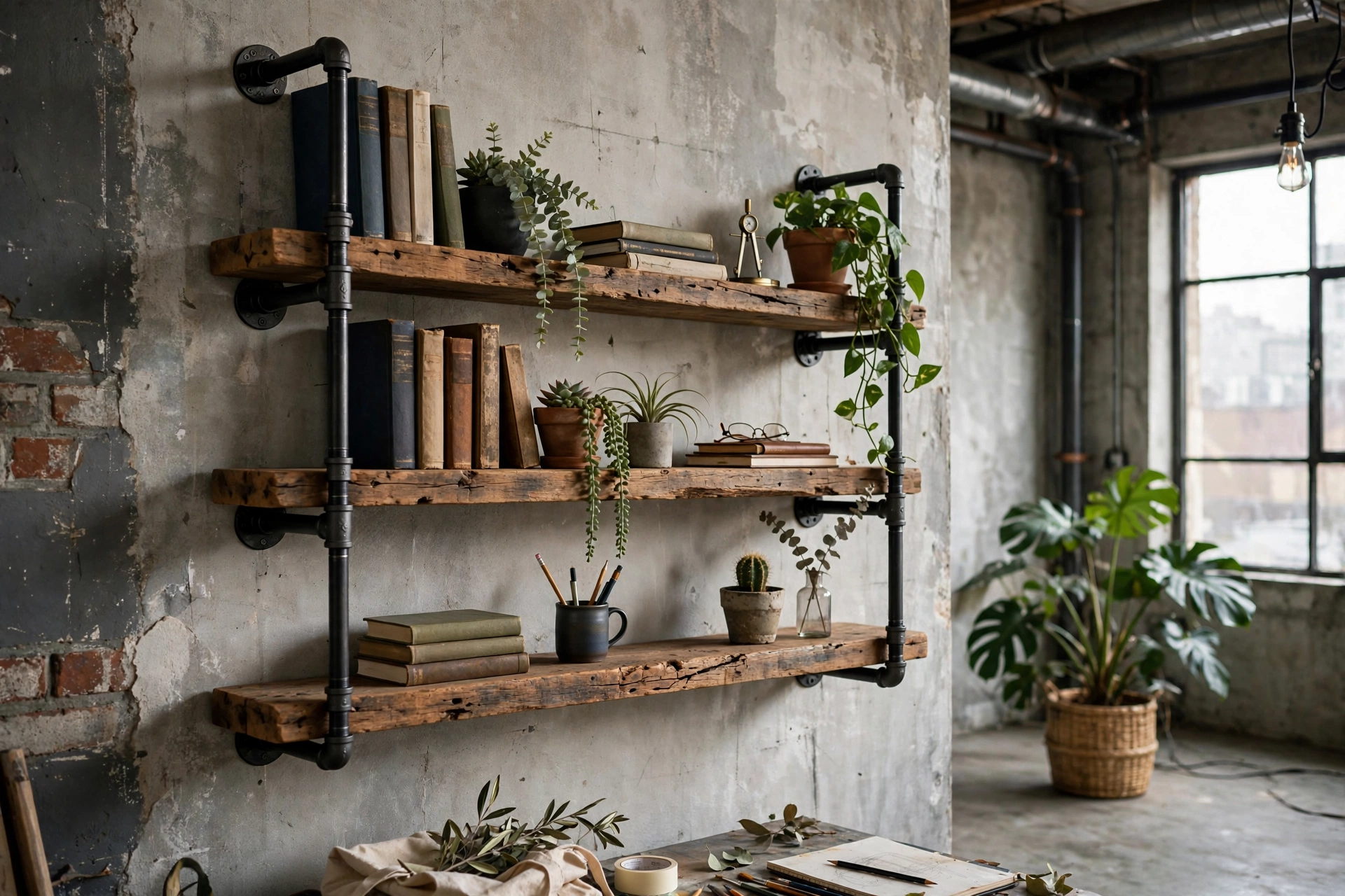 Black iron pipe and wood plank shelving in an industrial studio apartment