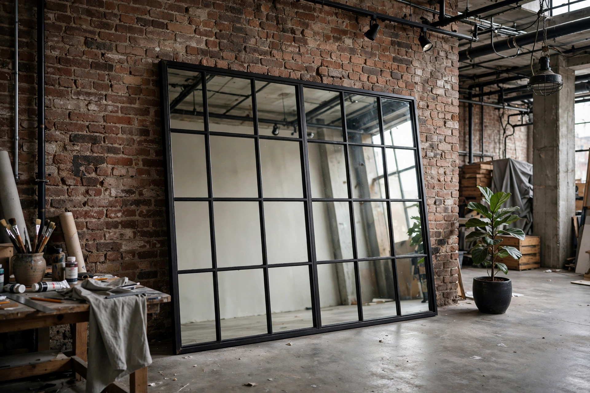 Factory-style windowpane mirror on a brick wall in an industrial studio