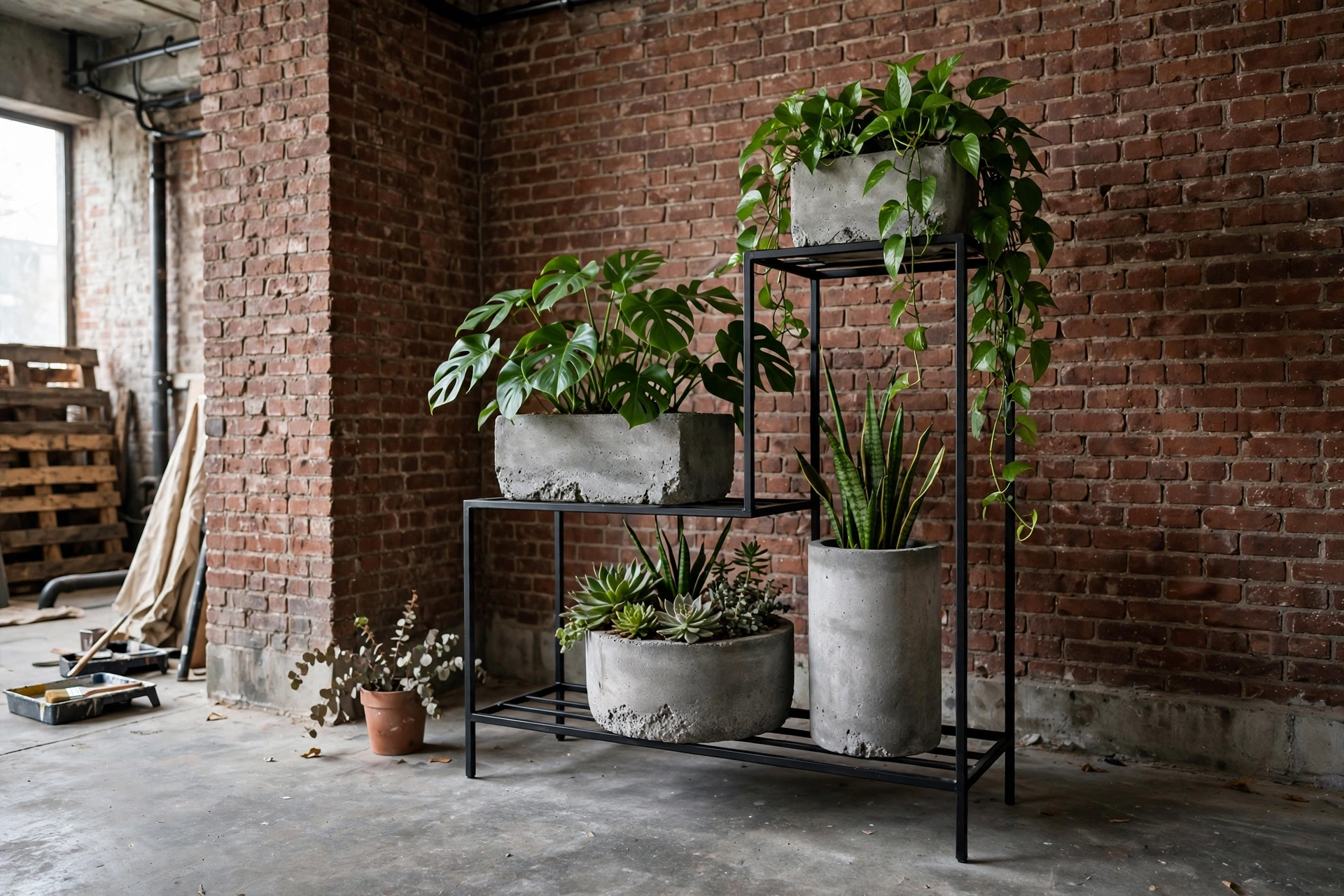 Plants in concrete planters in an industrial studio apartment corner