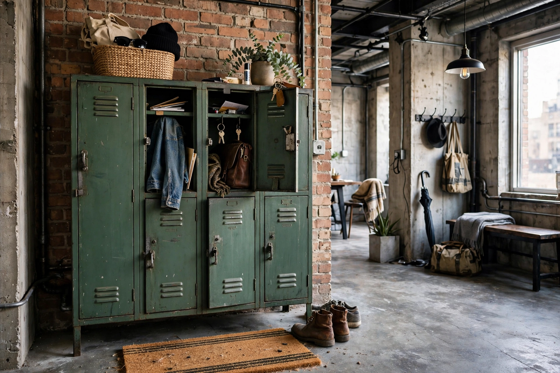 Vintage green metal locker cabinet for storage in an industrial studio entryway