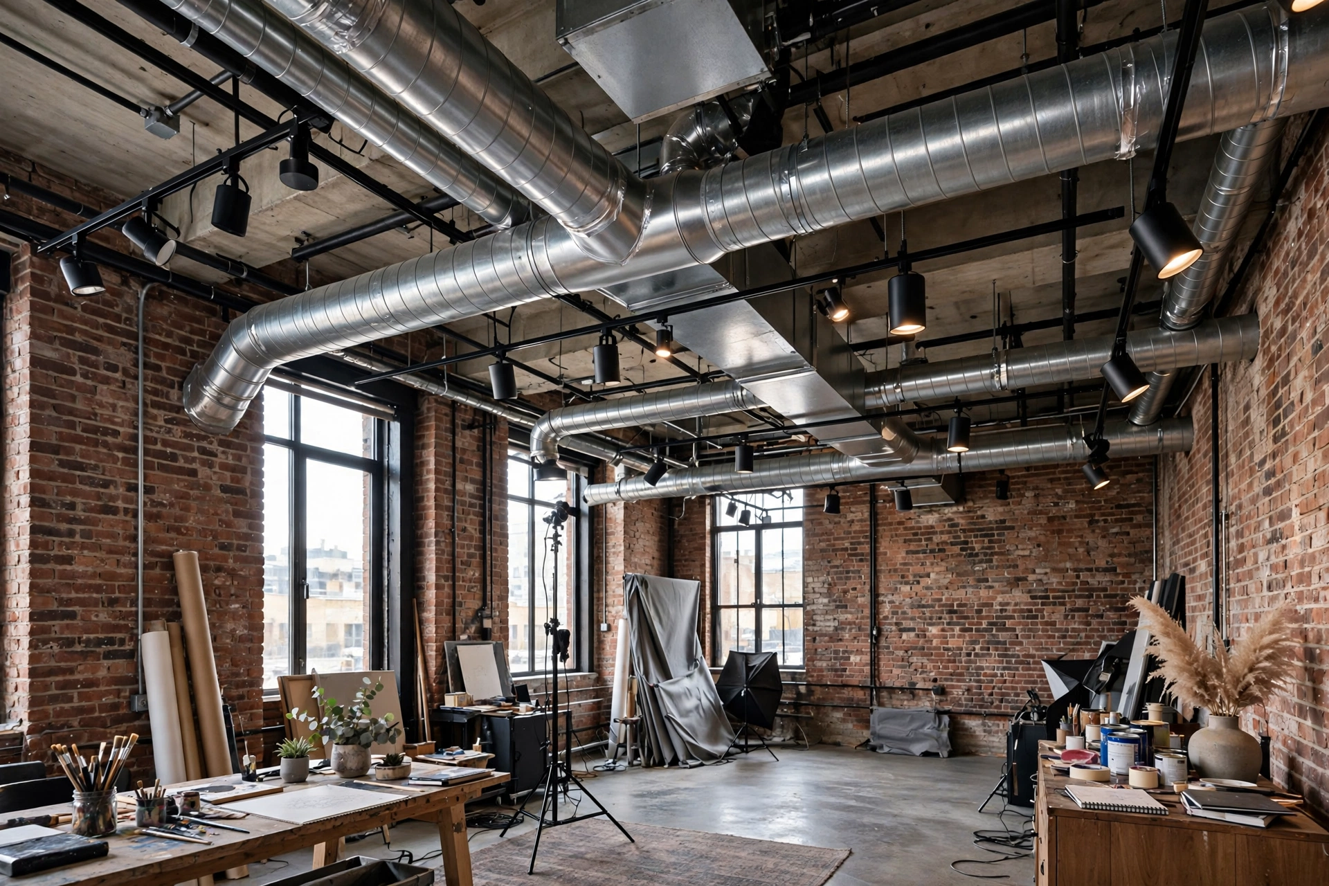 Exposed ductwork and track lighting on an industrial studio apartment ceiling