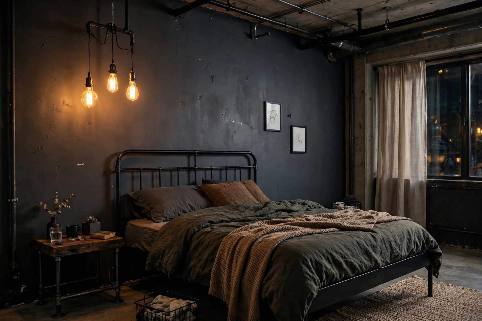 Moody charcoal painted wall with black metal bed in an industrial studio apartment