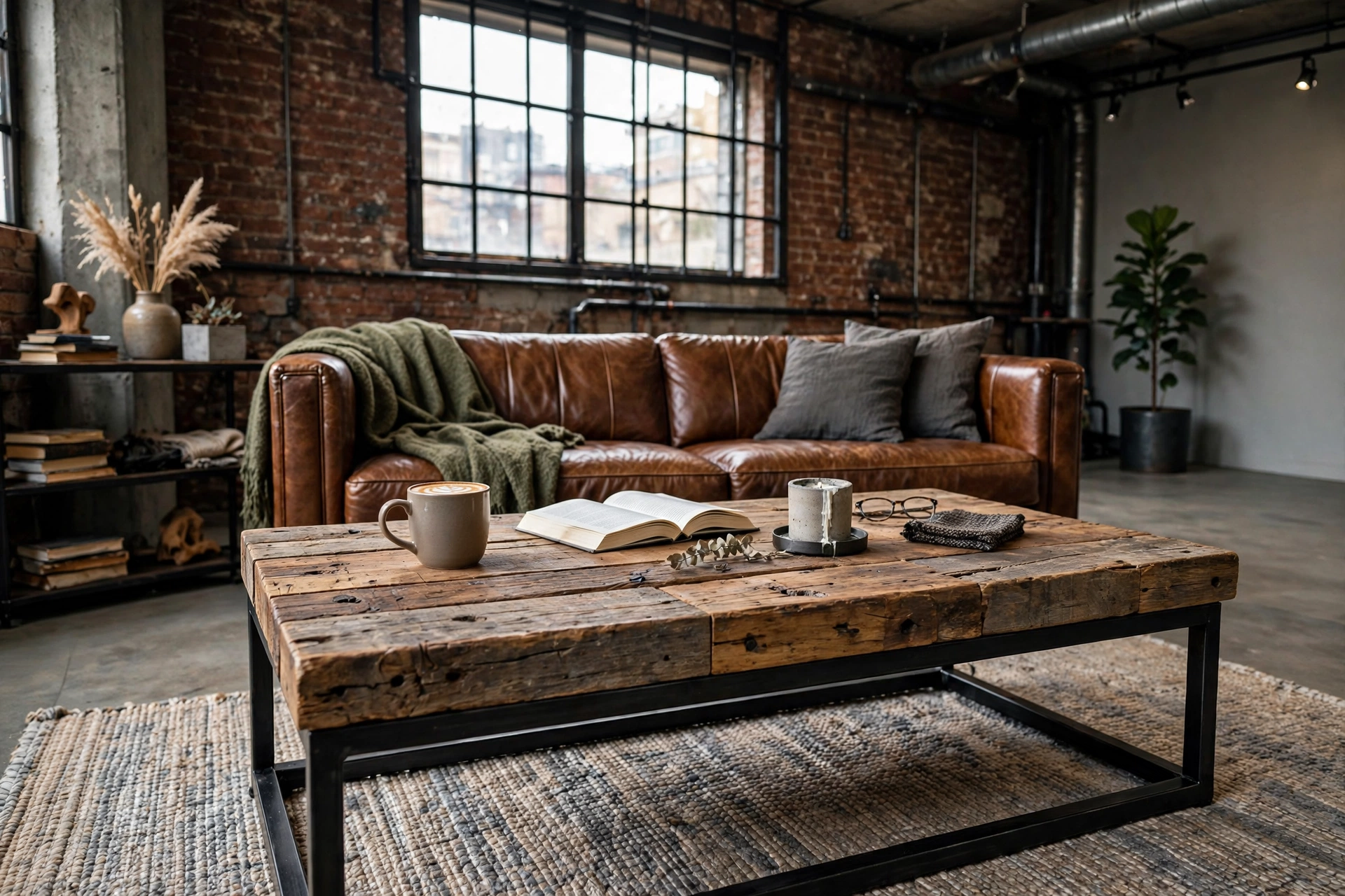 Reclaimed wood and black steel coffee table in an industrial studio living room