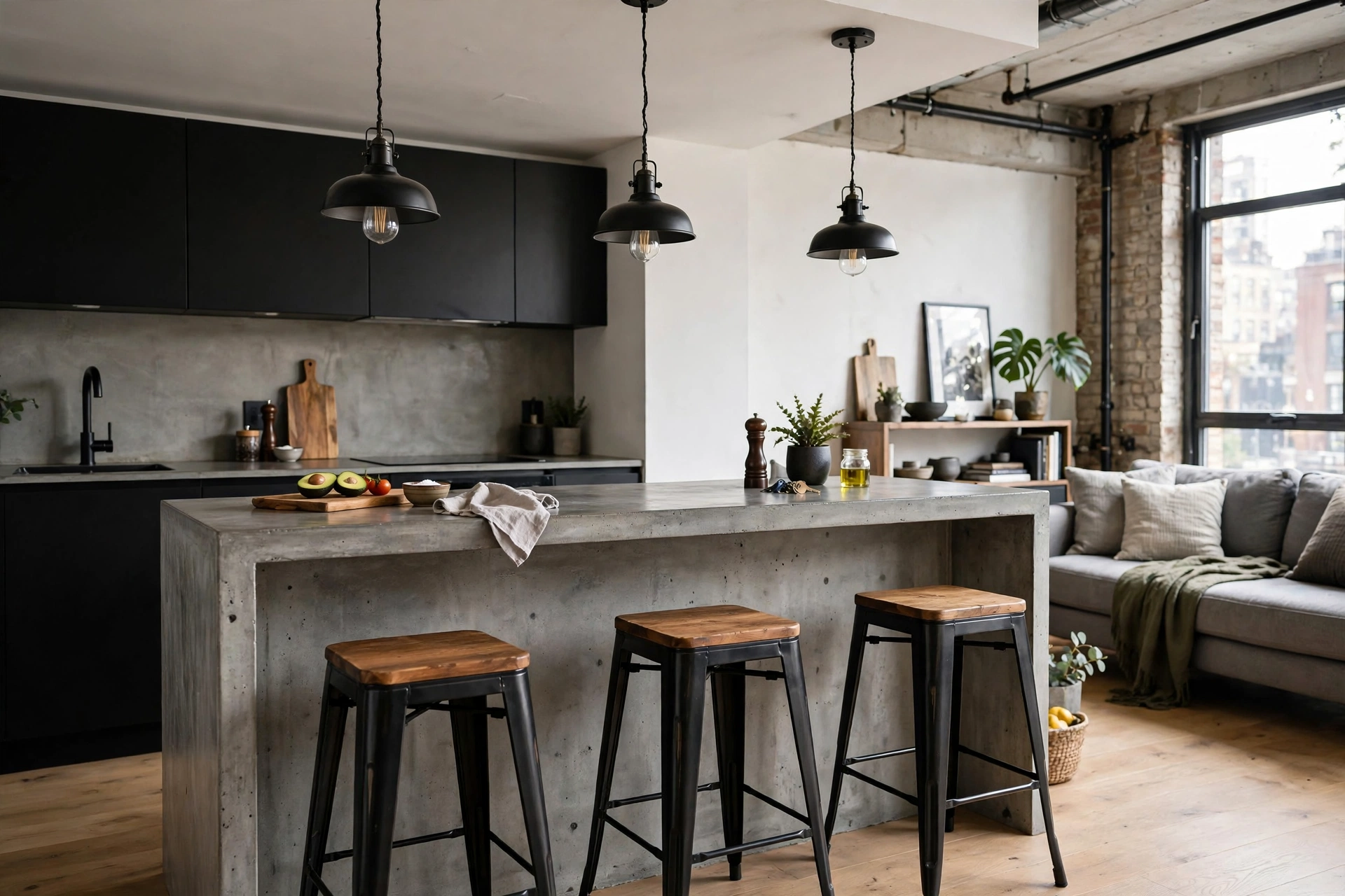 Black metal industrial bar stools at a concrete counter in a studio kitchen