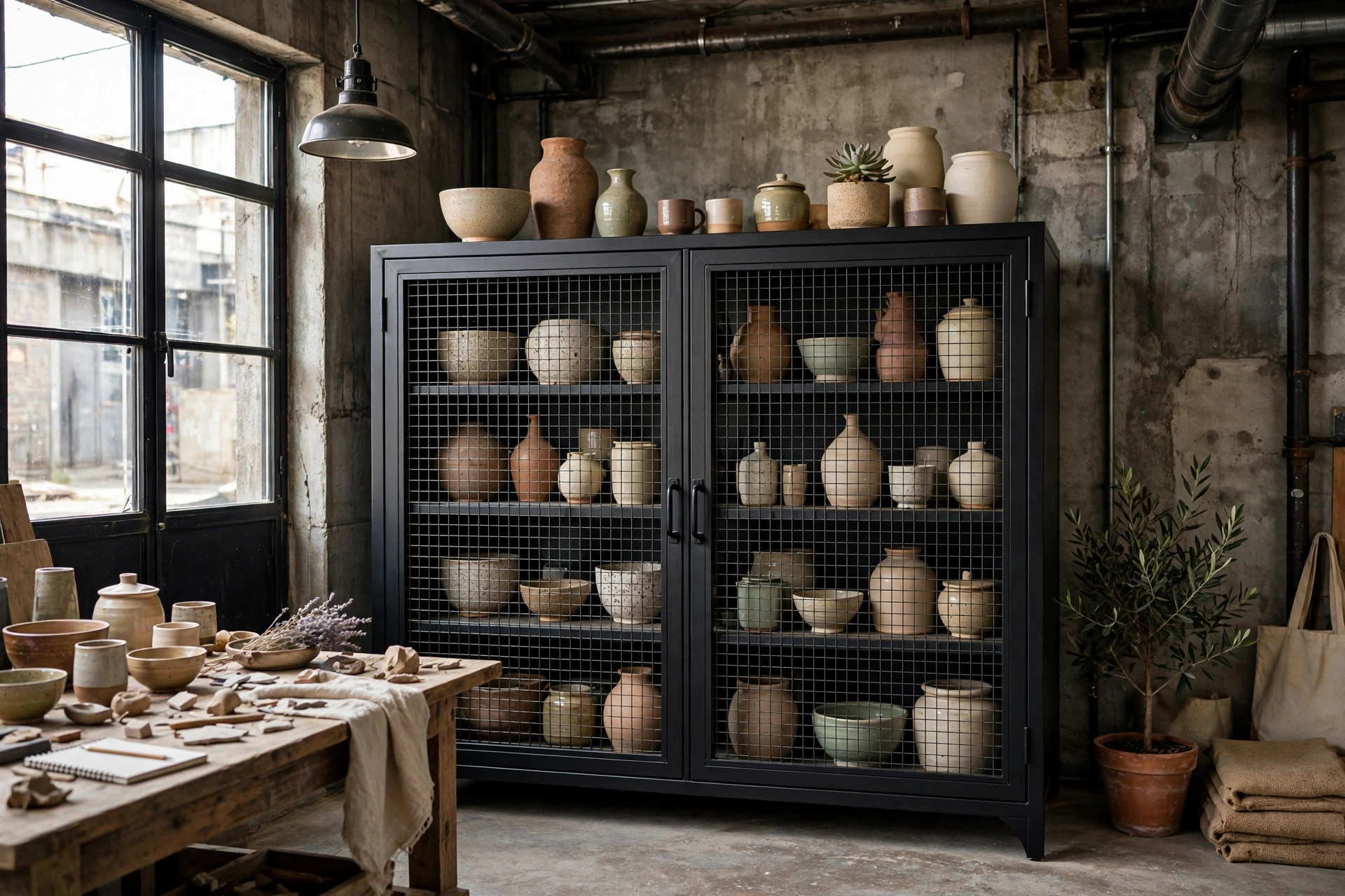 Storage cabinet with wire mesh fronts in an industrial studio apartment