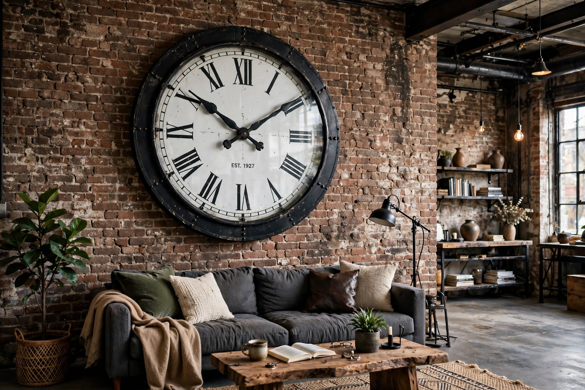 Oversized vintage factory wall clock on brick in an industrial studio