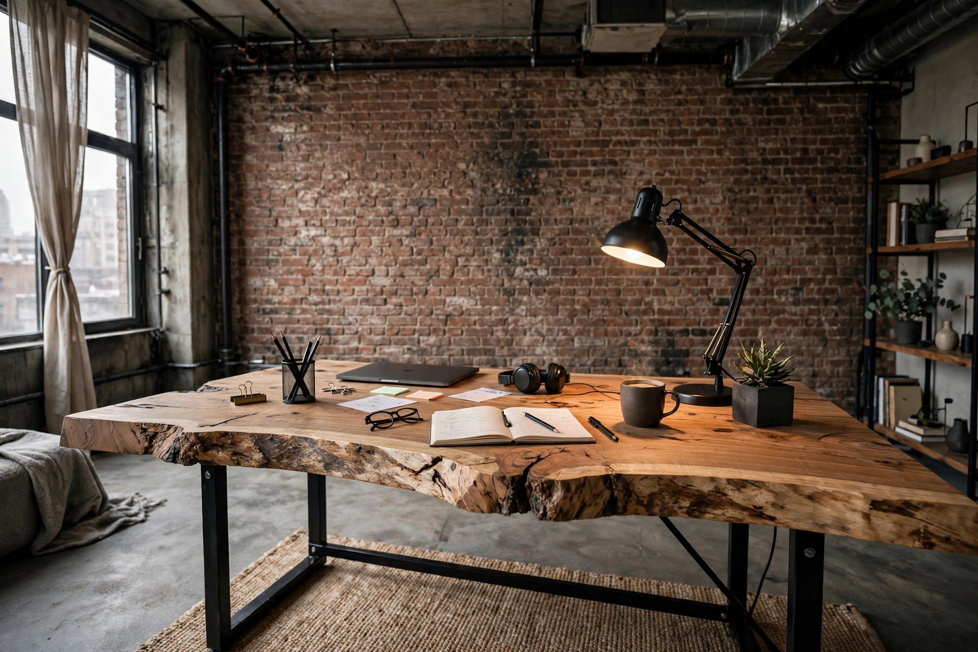 Live-edge wood desk with black metal legs in an industrial studio workspace