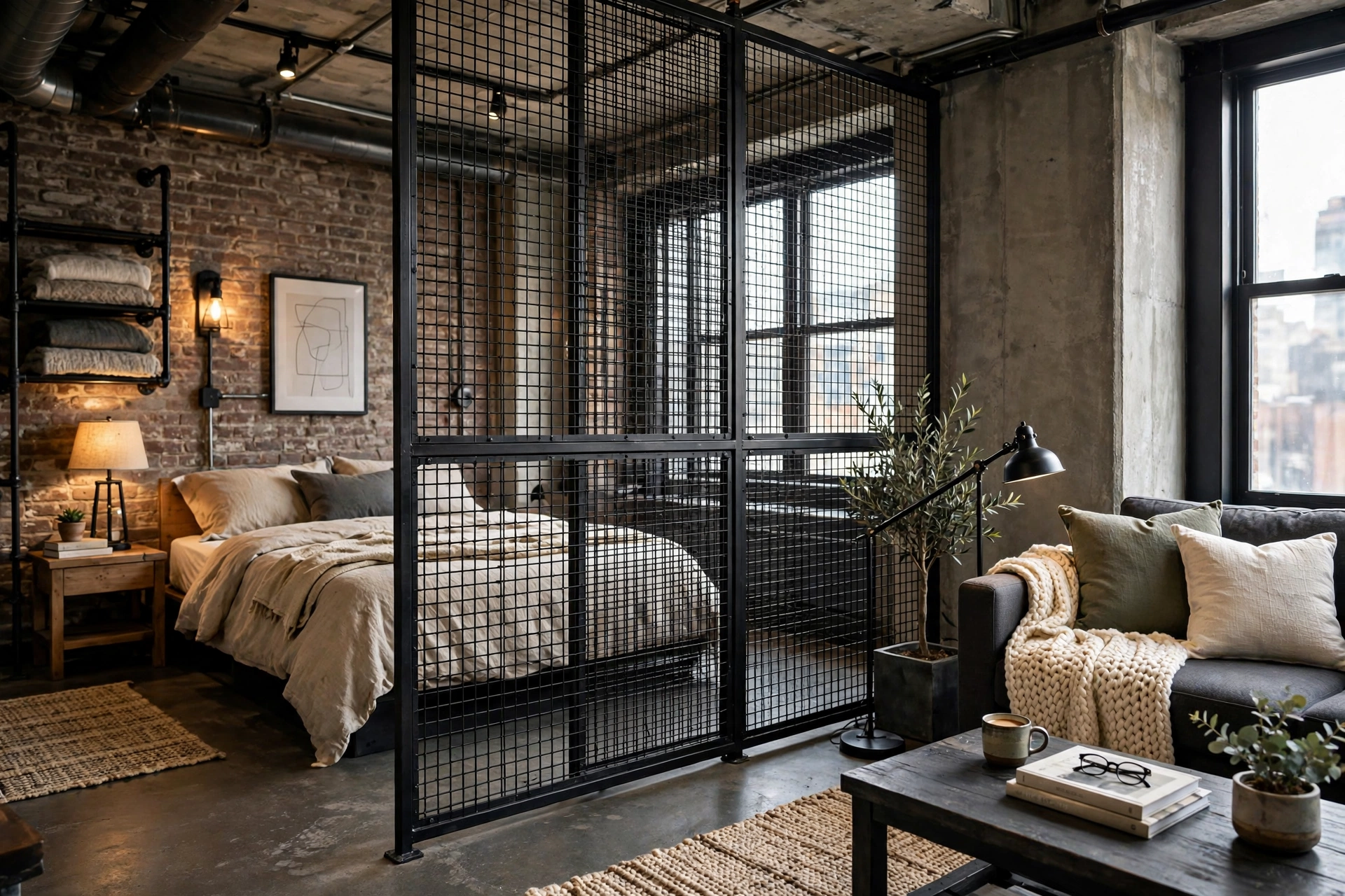 Black metal mesh room divider in an industrial studio apartment