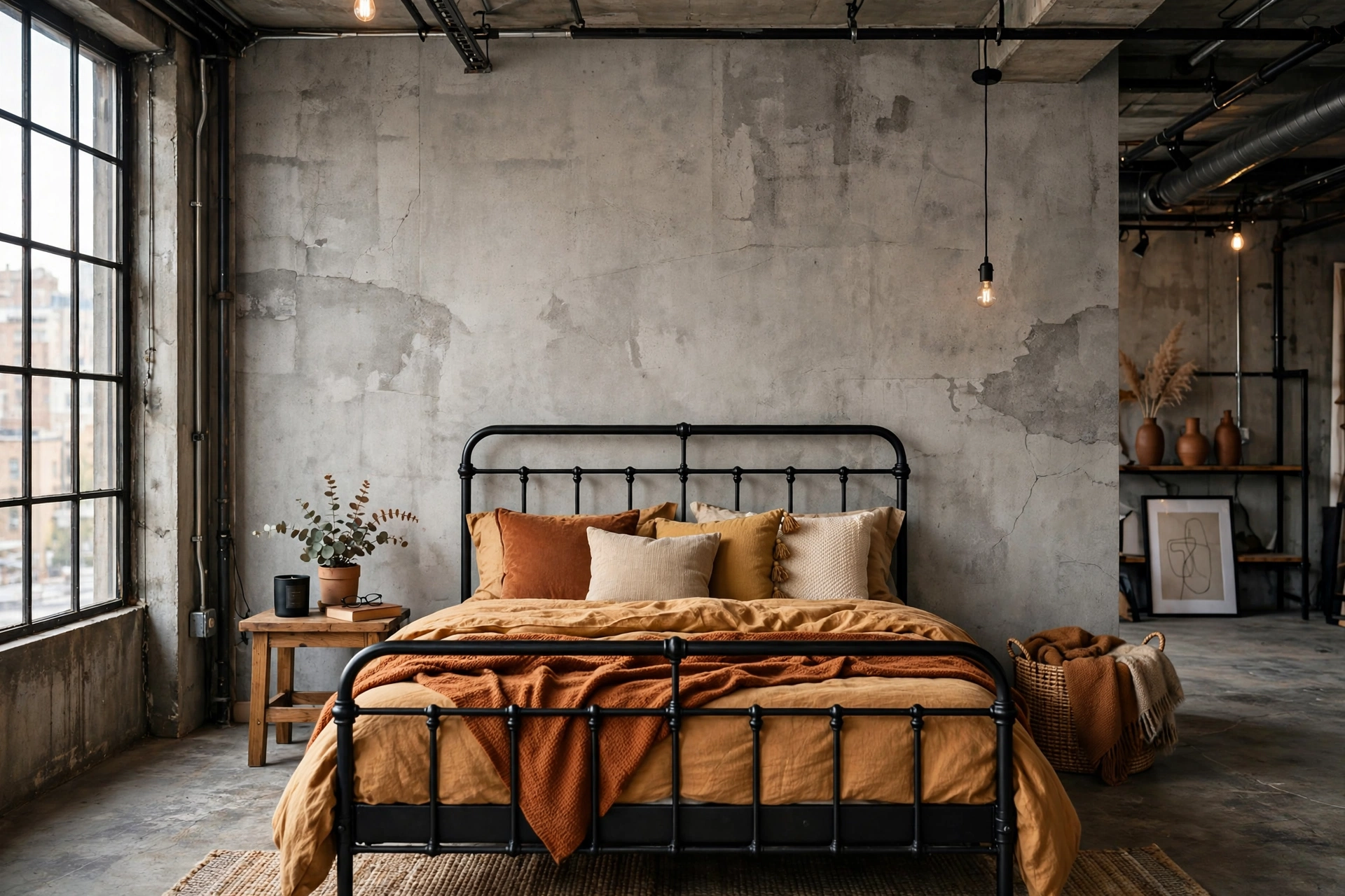 Concrete-look wallpaper accent wall behind a bed in an industrial studio apartment