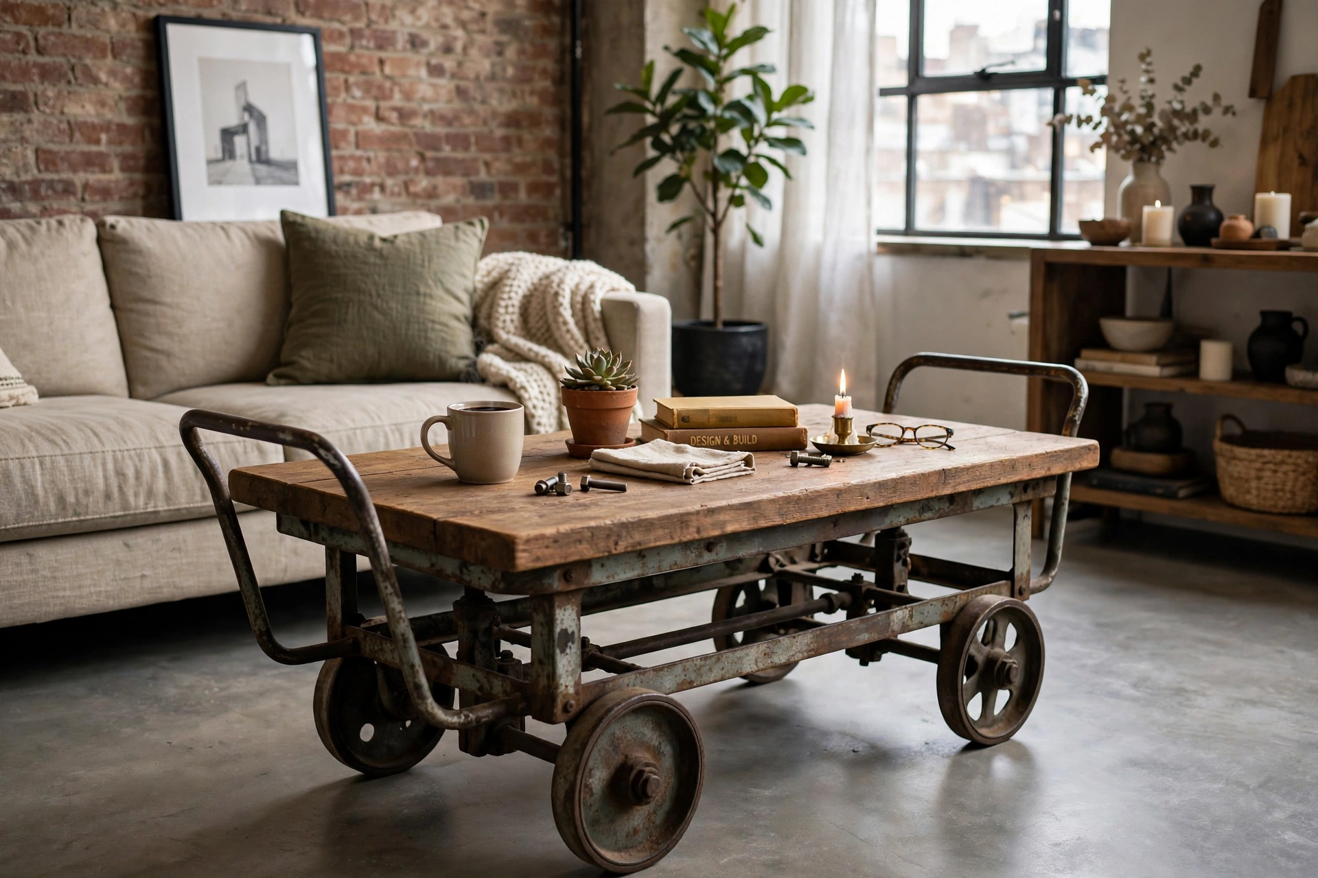 Vintage factory cart on wheels as a coffee table in an industrial studio