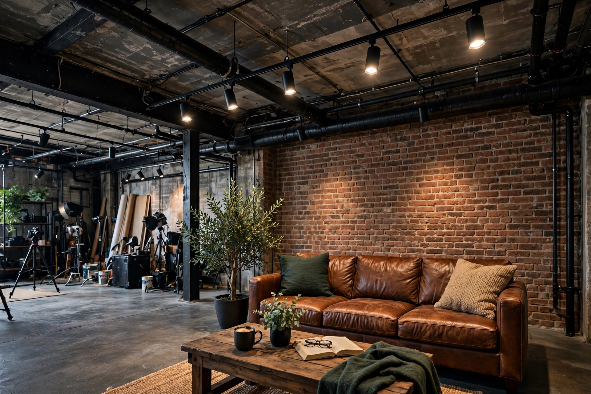 Black track lighting on an industrial studio ceiling