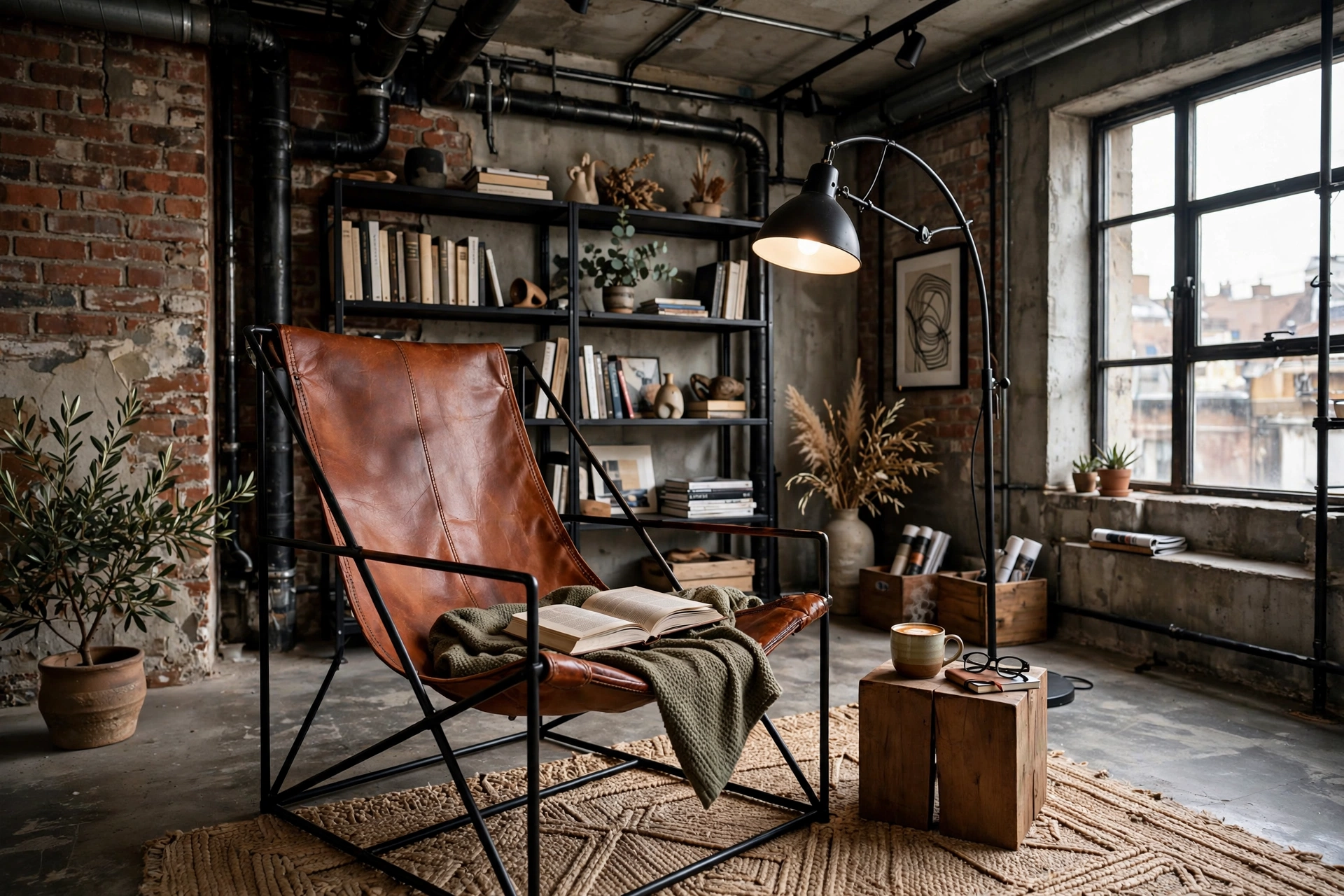 Leather sling chair with black iron frame in an industrial studio reading corner