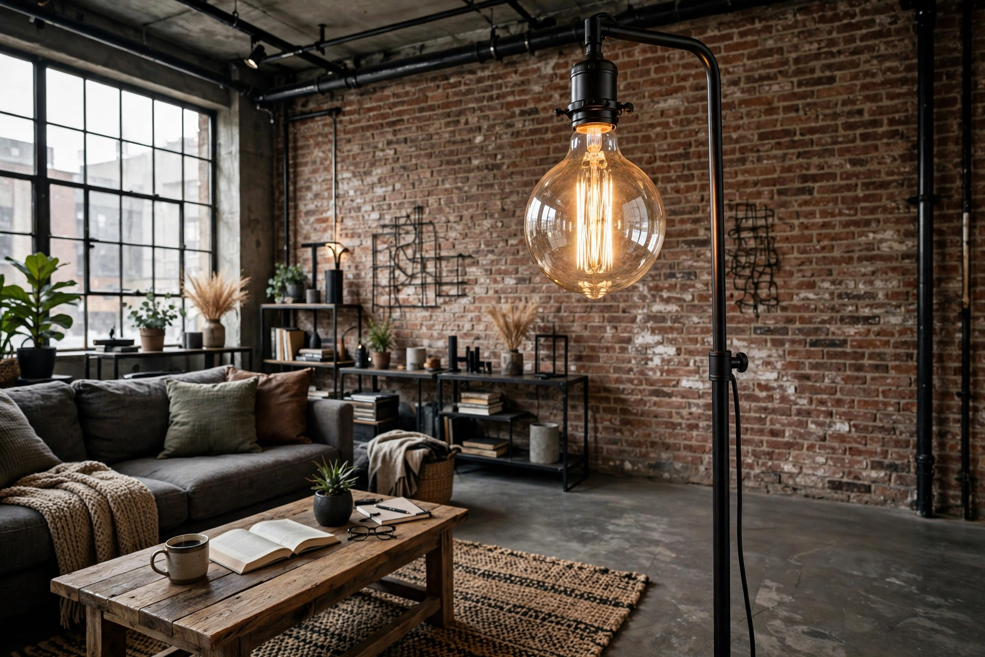 Tall black floor lamp with oversized Edison bulb in an industrial studio