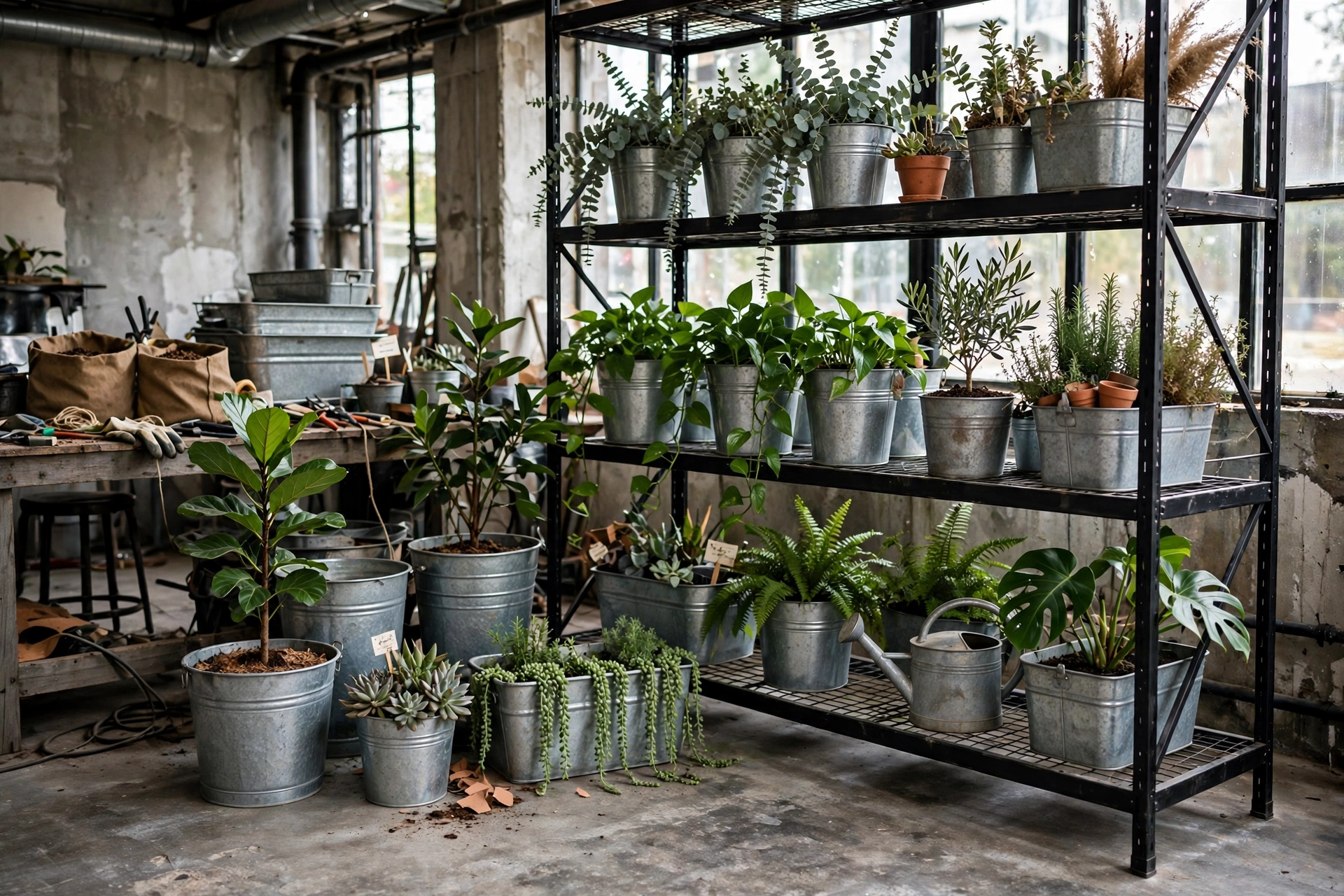 Galvanized metal planters with greenery in an industrial studio