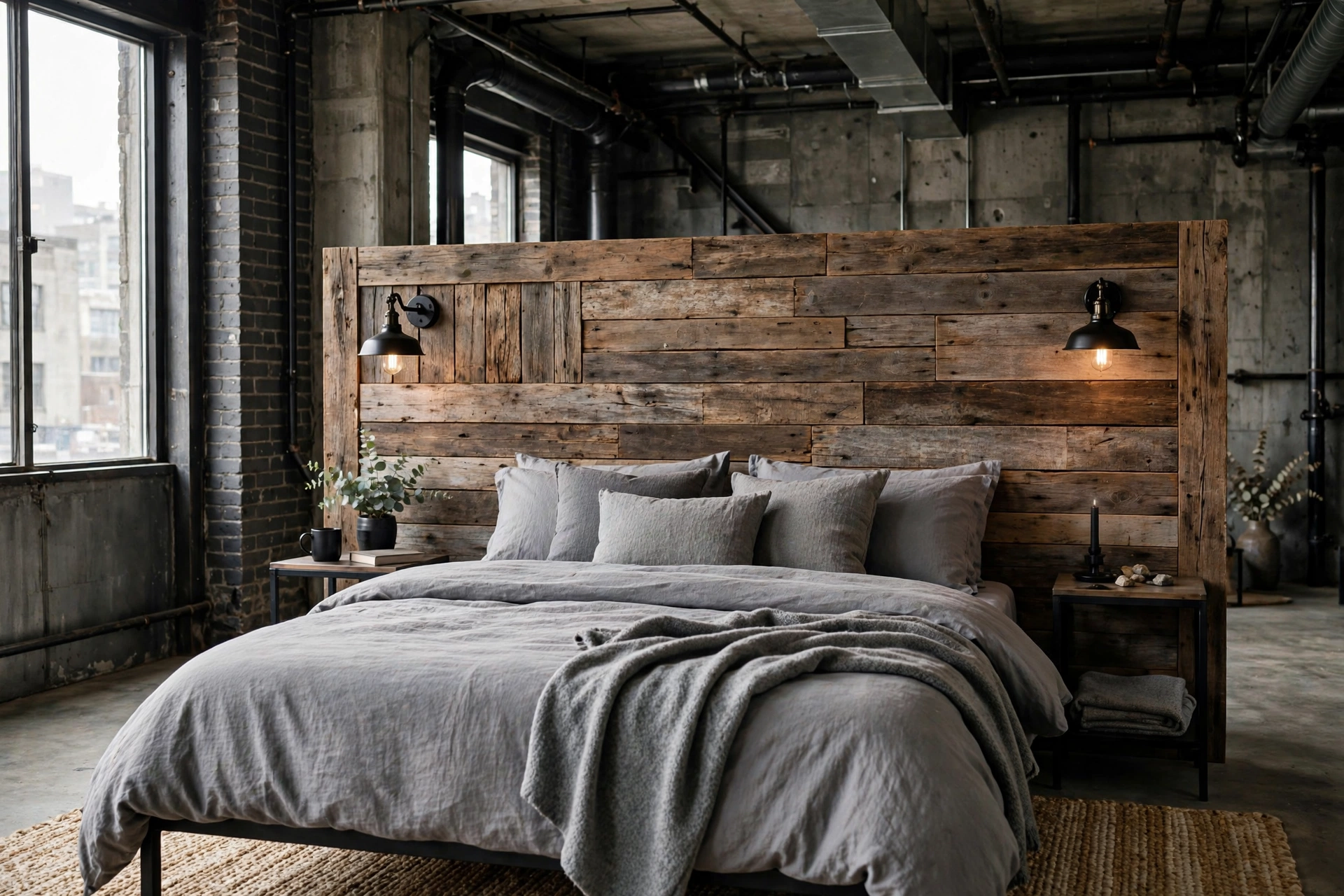 Reclaimed barn wood headboard behind a bed in an industrial studio apartment