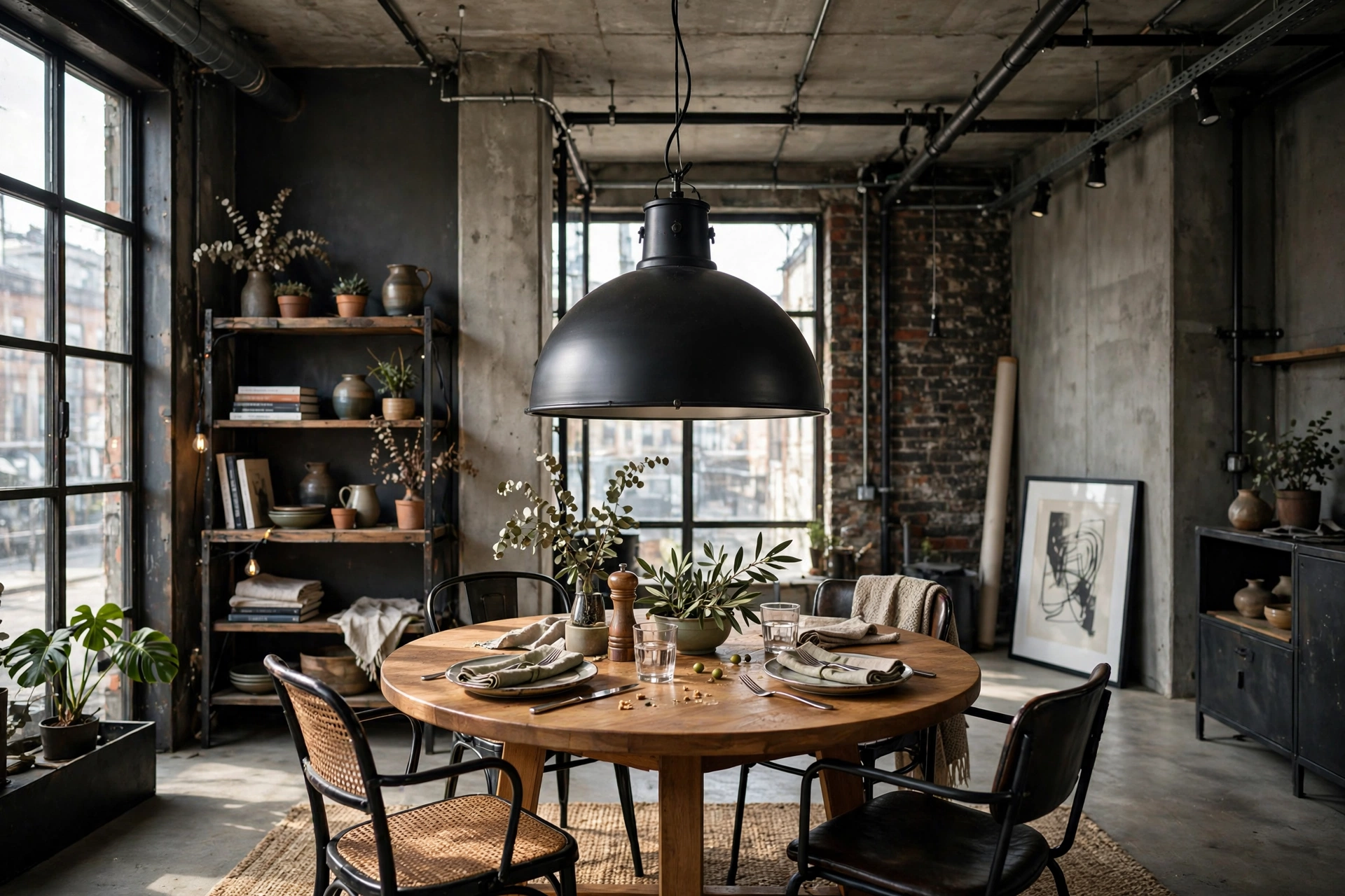 Large black dome pendant over a dining table in an industrial studio