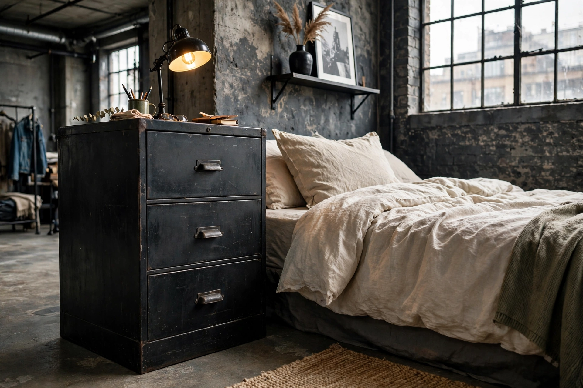 Vintage metal filing cabinet as a nightstand in an industrial studio bedroom