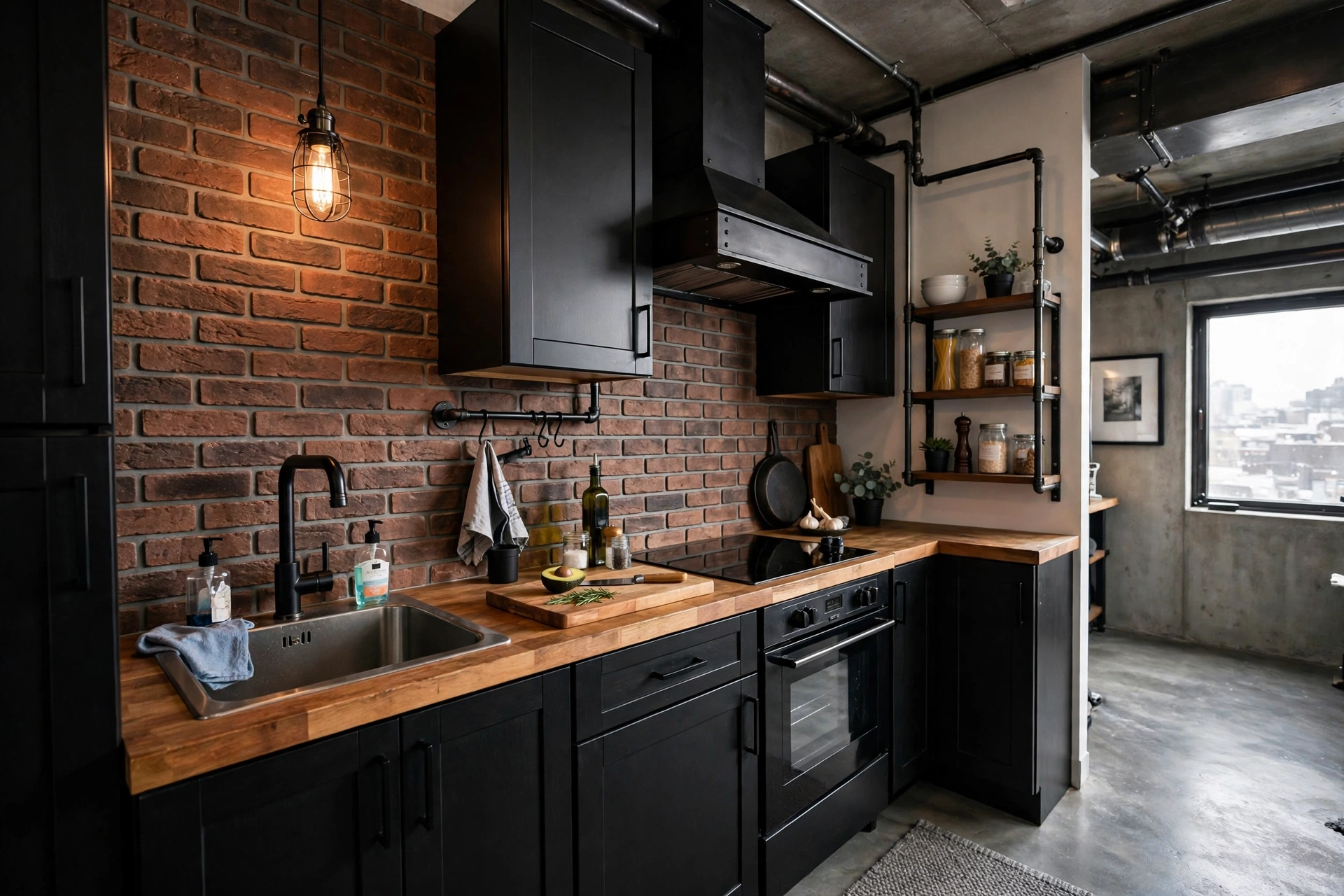 Brick-look backsplash in a small industrial studio apartment kitchen
