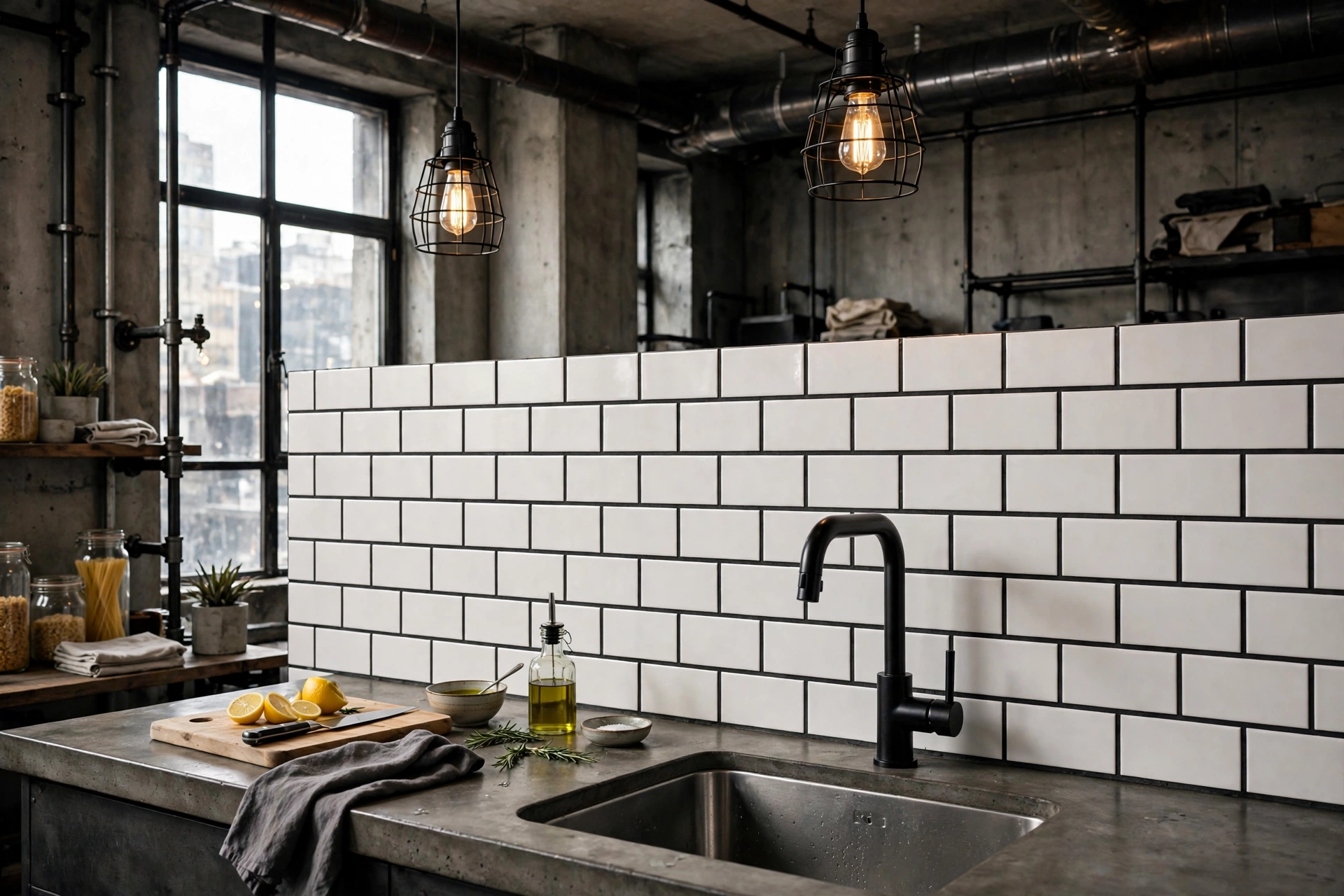 White subway tile with dark charcoal grout in an industrial studio kitchen