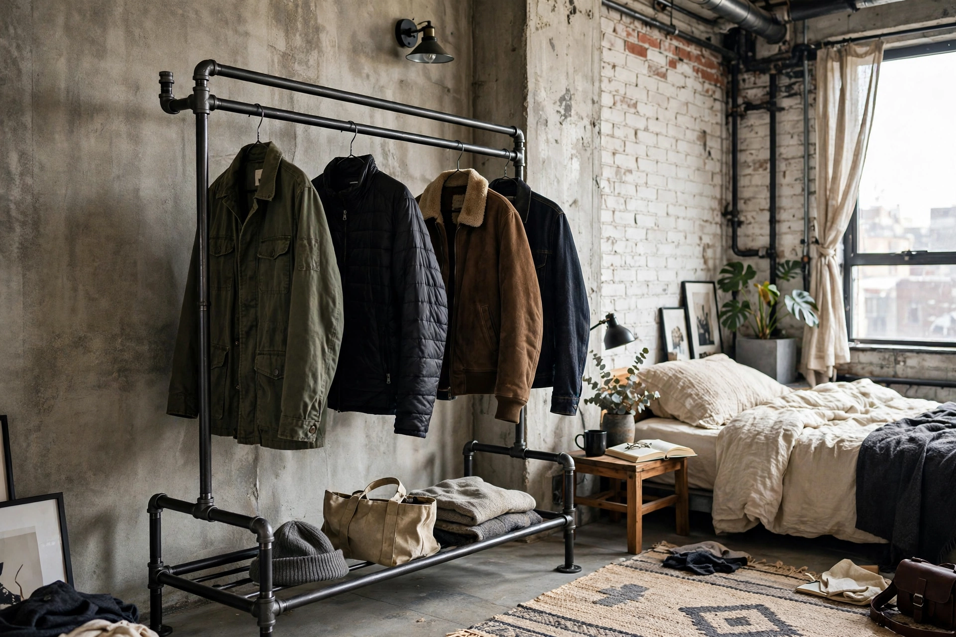 Black iron pipe clothing rack in an industrial studio bedroom corner