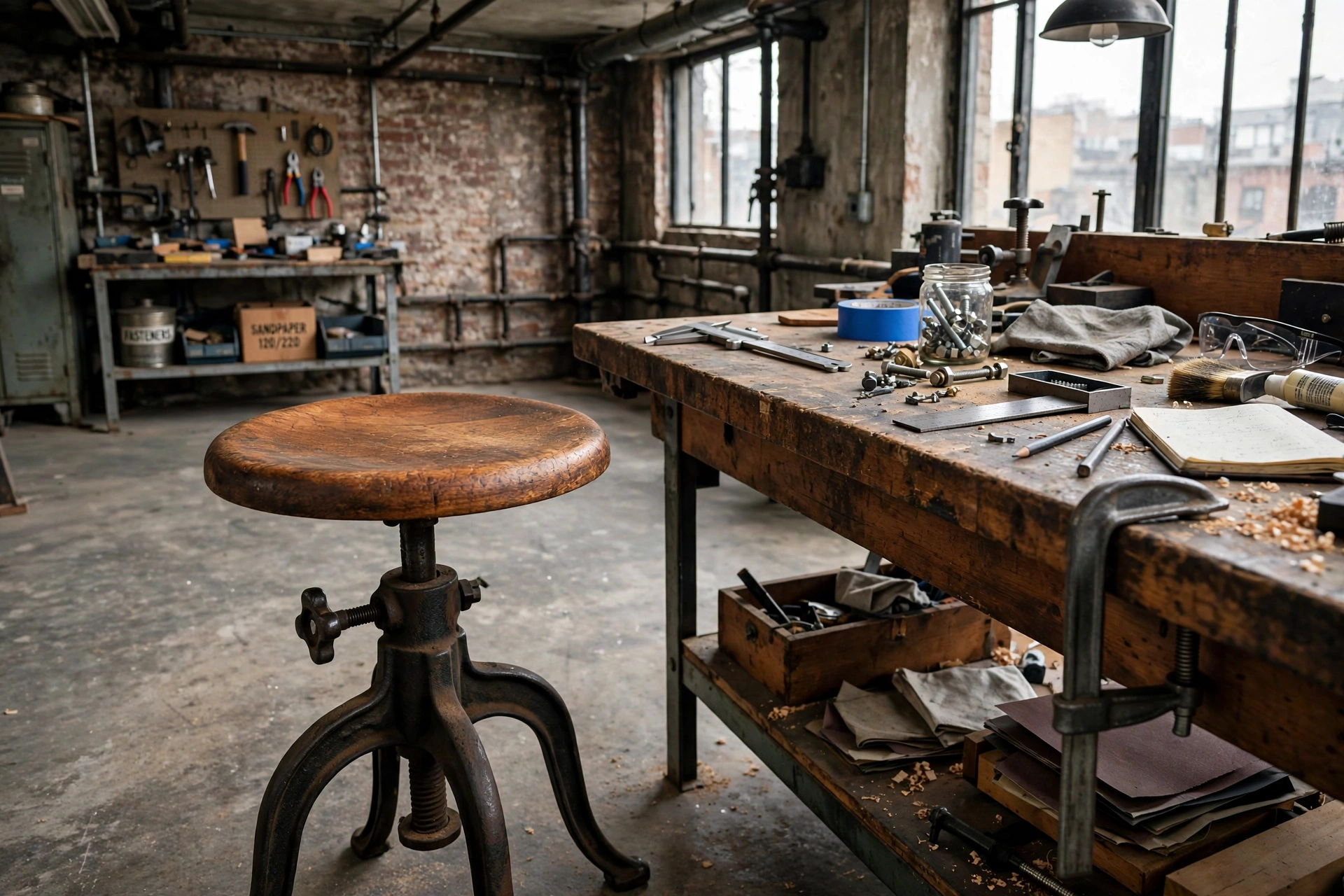 Vintage adjustable factory stool in an industrial studio apartment