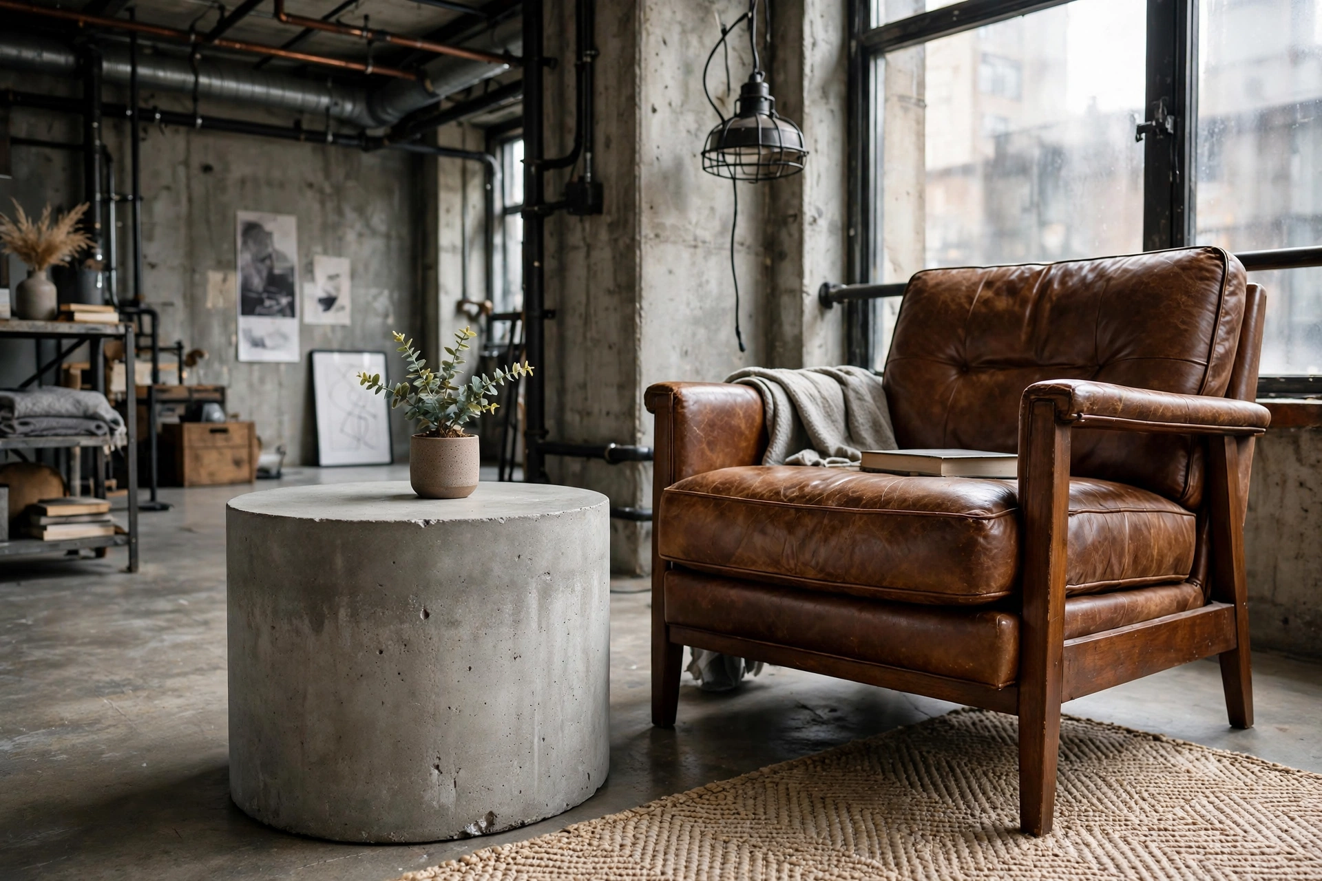 Round concrete side table in an industrial studio living area