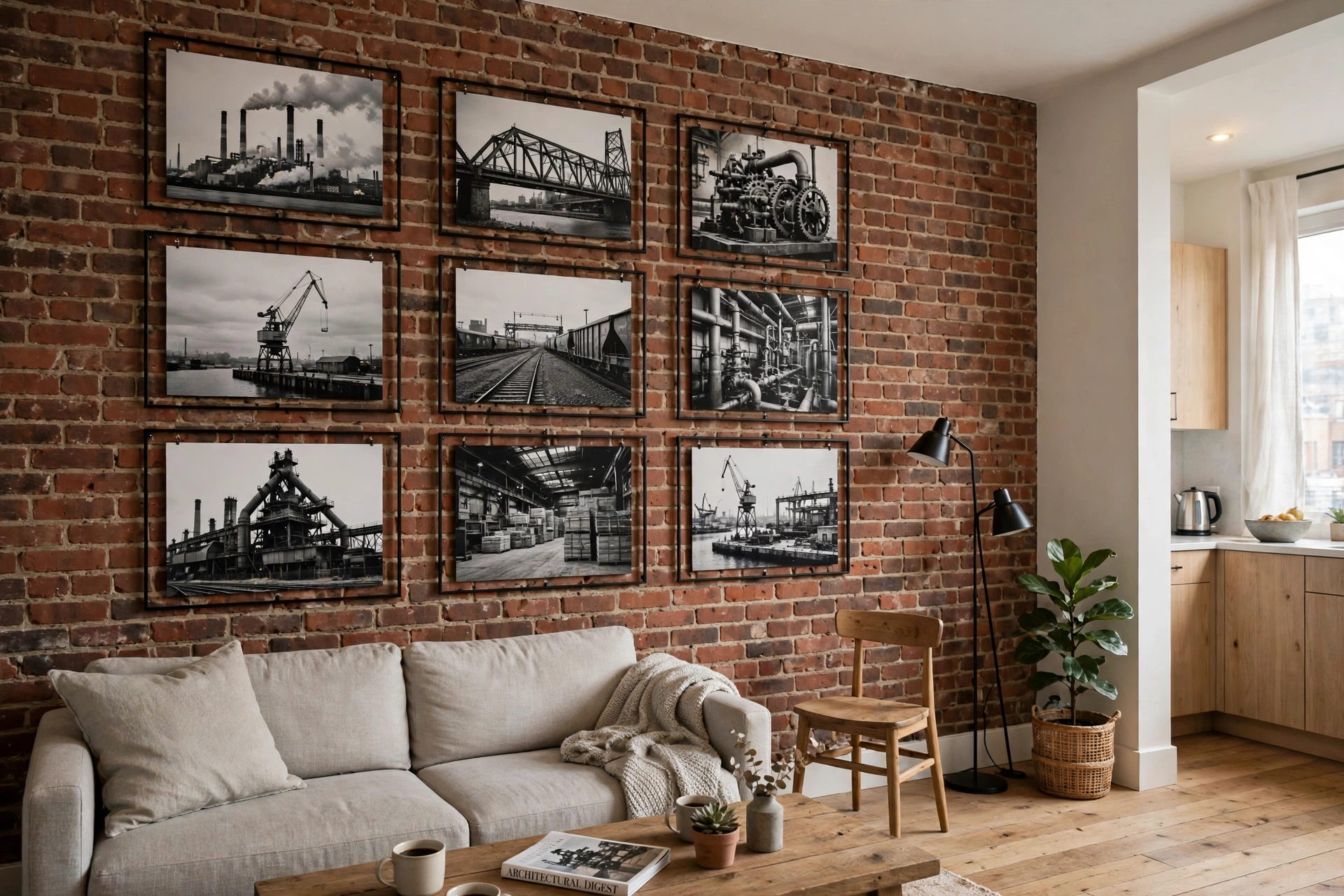 Black metal frame gallery wall in an industrial studio apartment