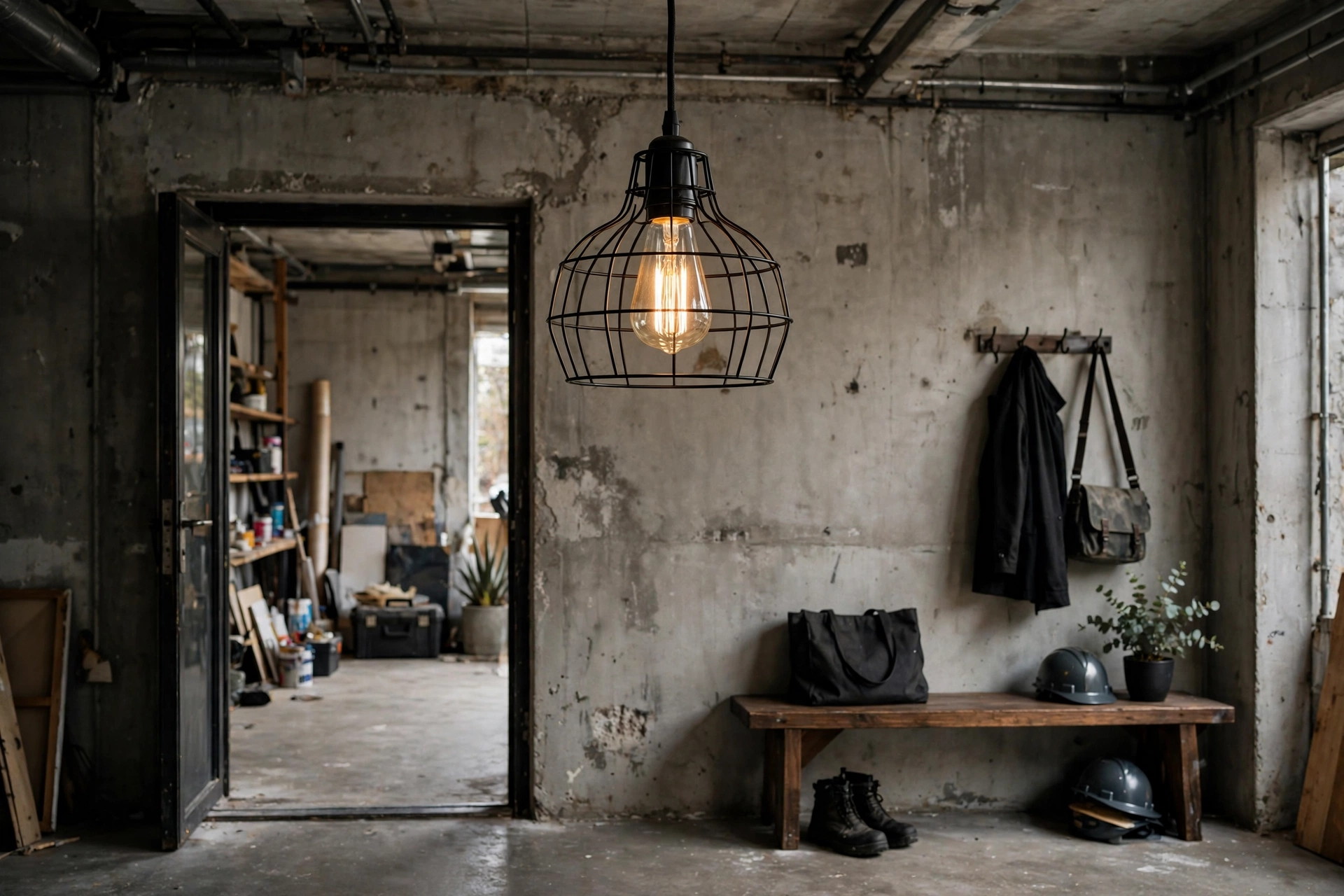 Black metal cage pendant light in an industrial studio entryway