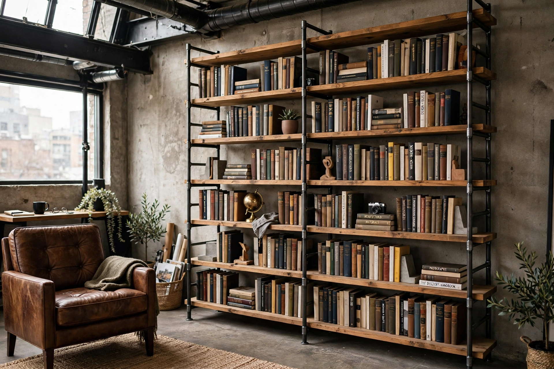 Raw steel and wood bookshelf in an industrial studio living area