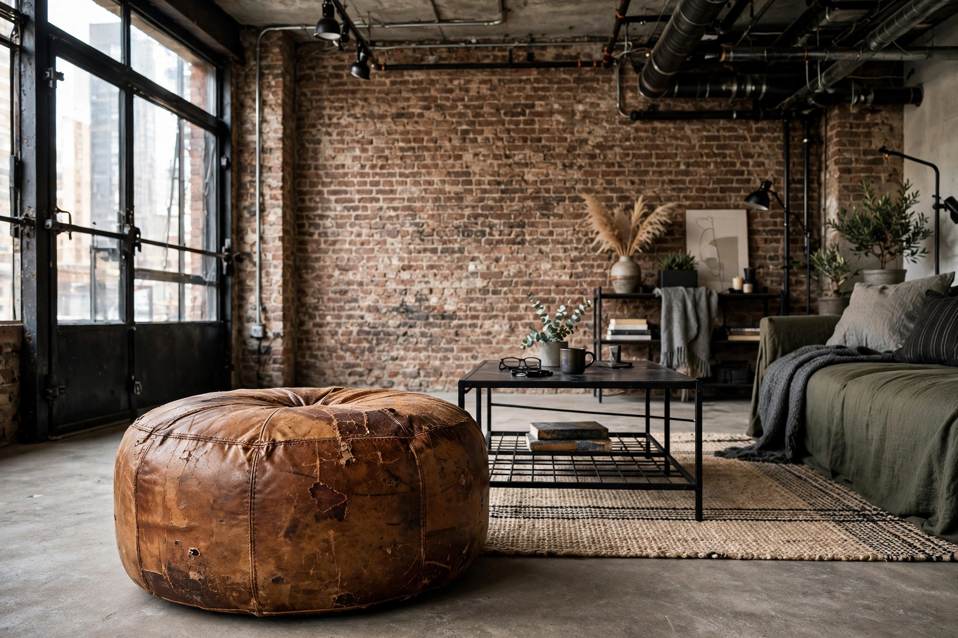 Distressed cognac leather ottoman in an industrial studio living room