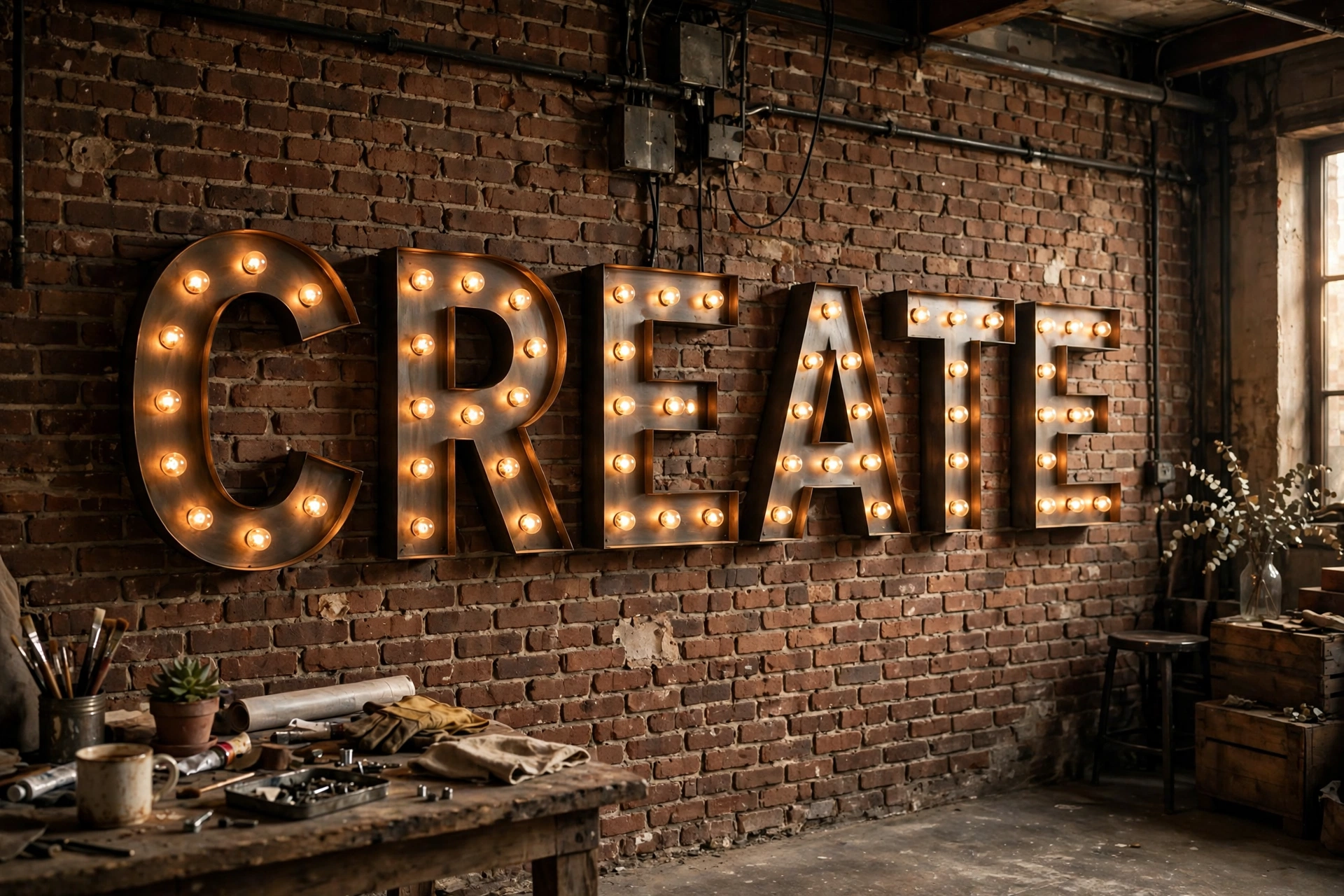 Metal marquee letters on a brick wall in an industrial studio