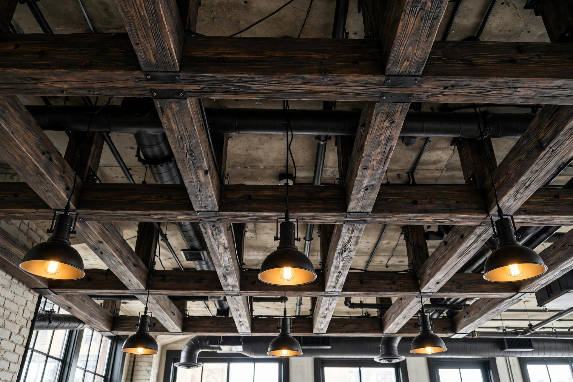 Faux dark wood ceiling beams with pendant lights in an industrial studio apartment