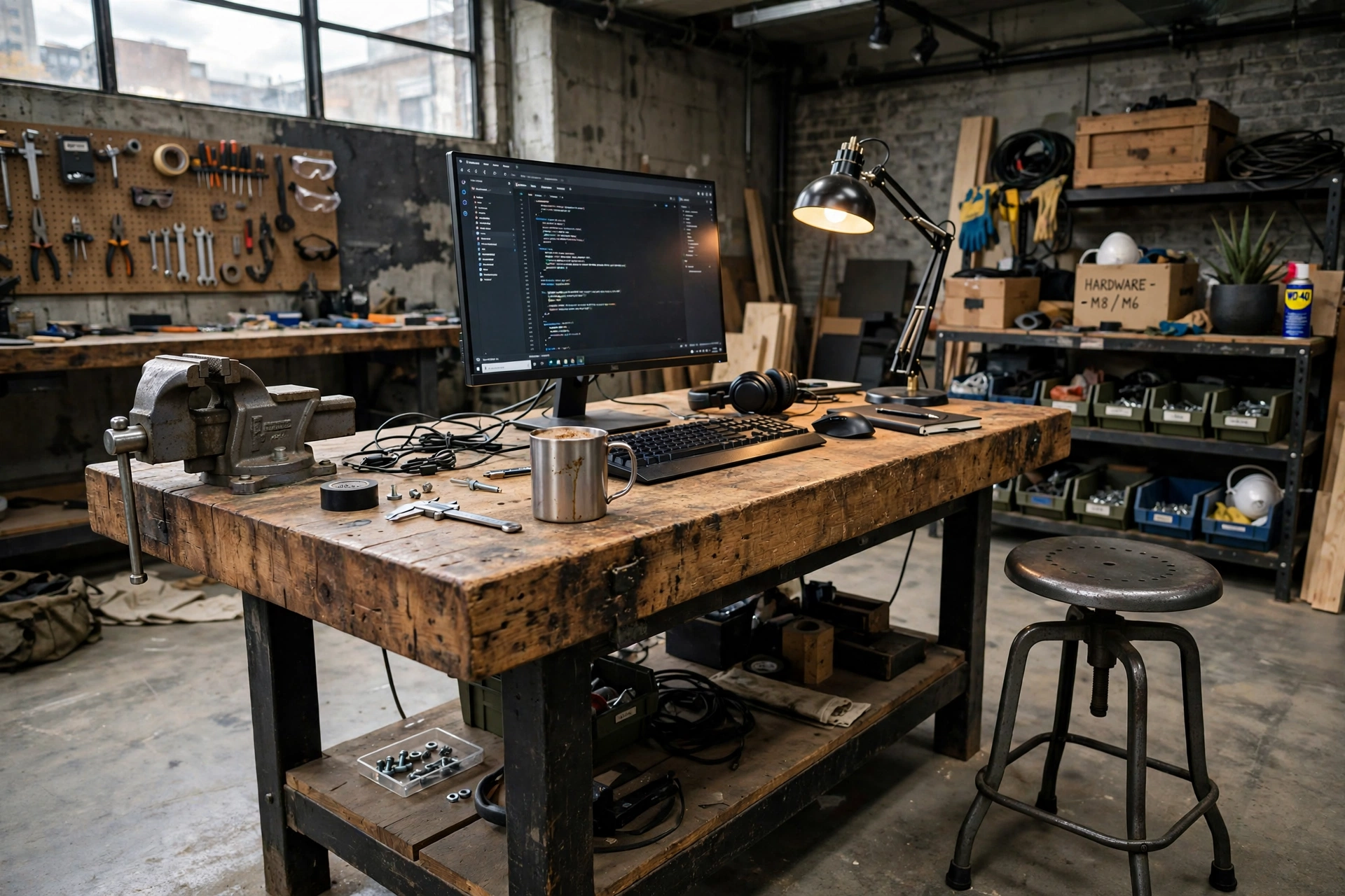 Workshop workbench used as a desk in an industrial studio apartment