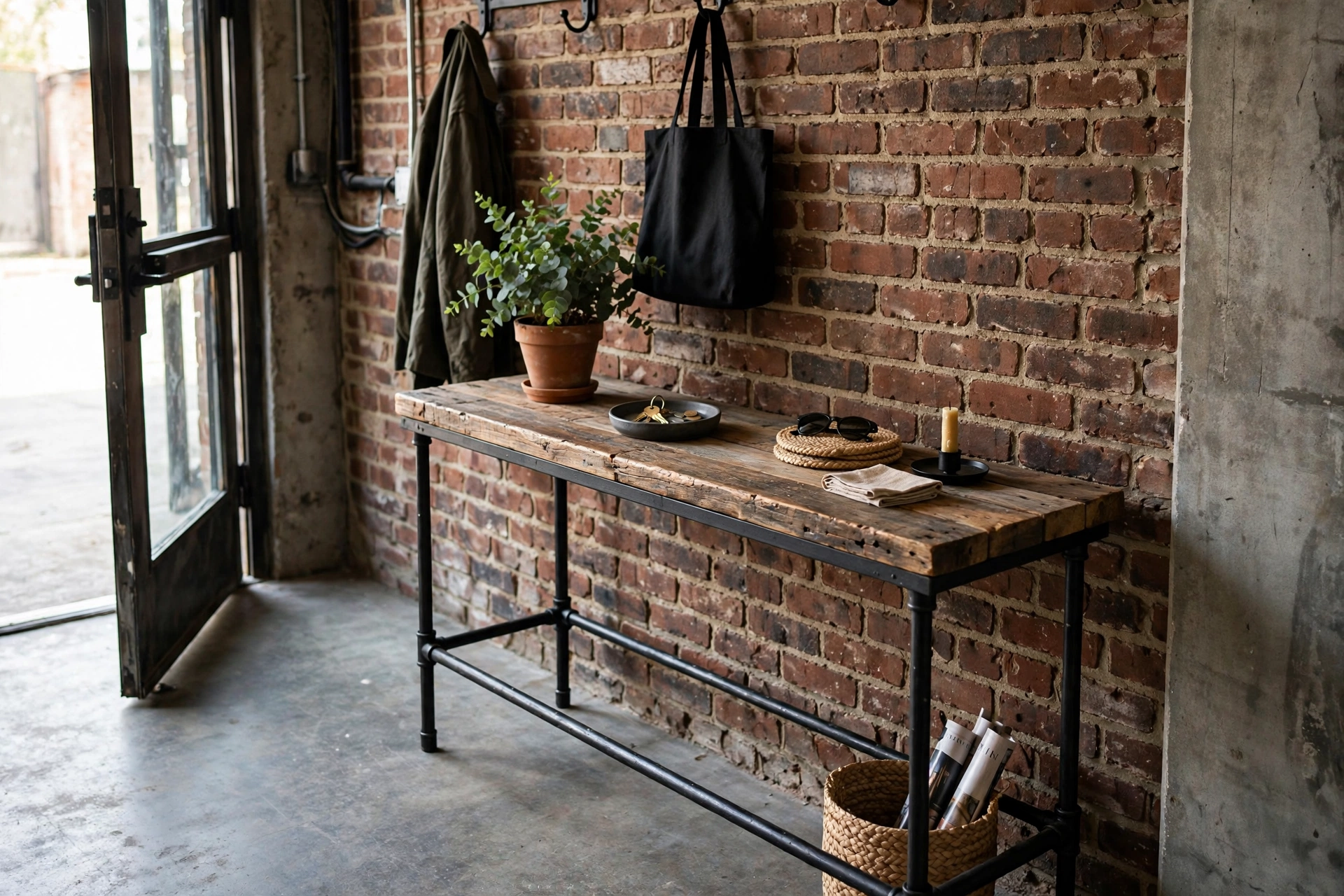 Iron and reclaimed wood console table in an industrial studio entryway