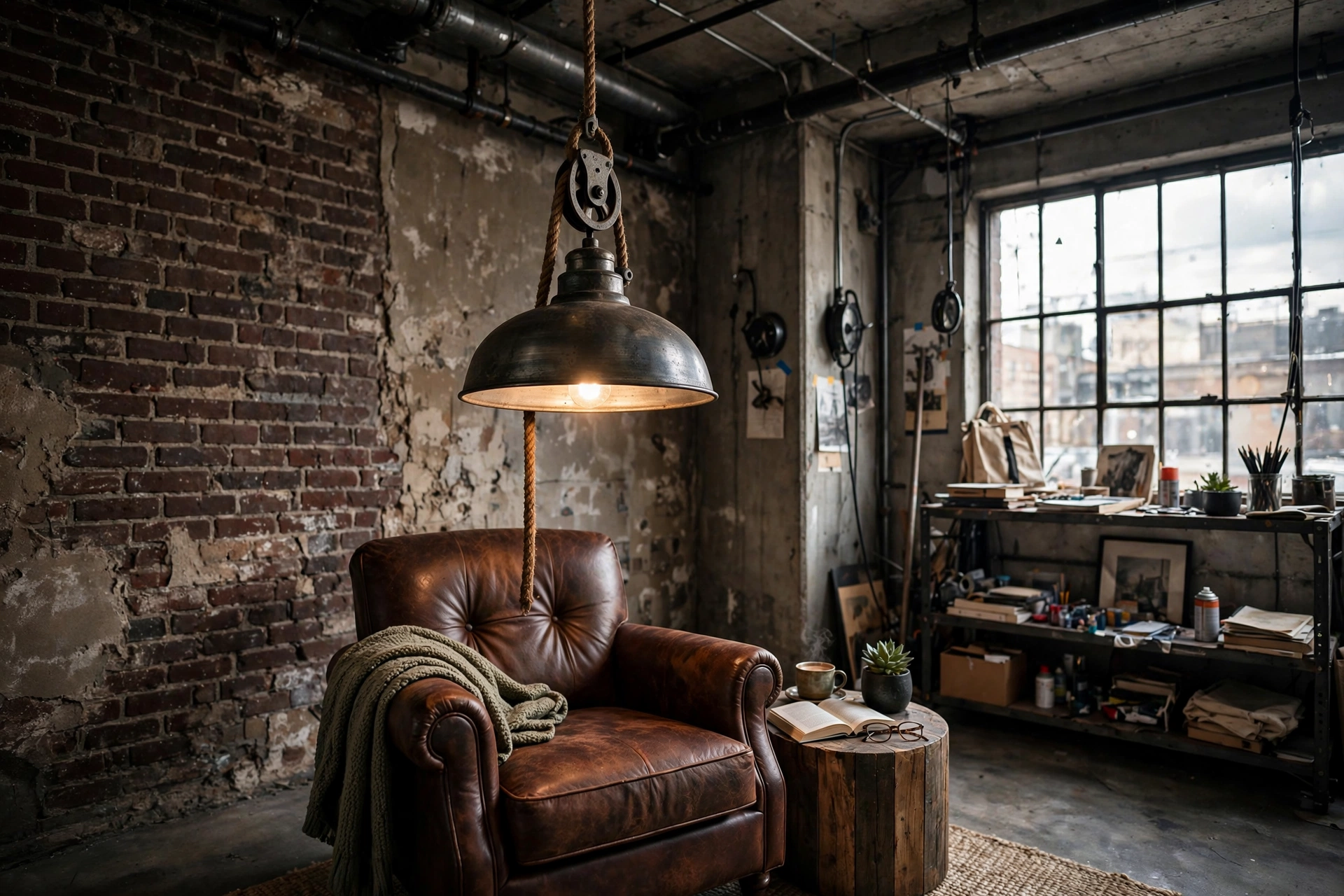 Pulley pendant light with rope in an industrial studio reading corner