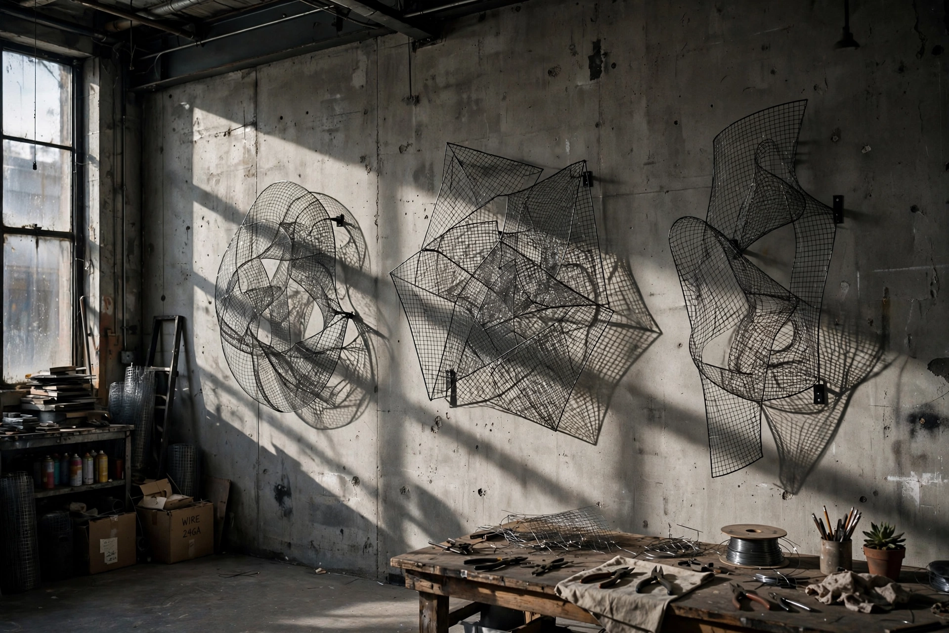 Wire mesh wall art panels in an industrial studio apartment