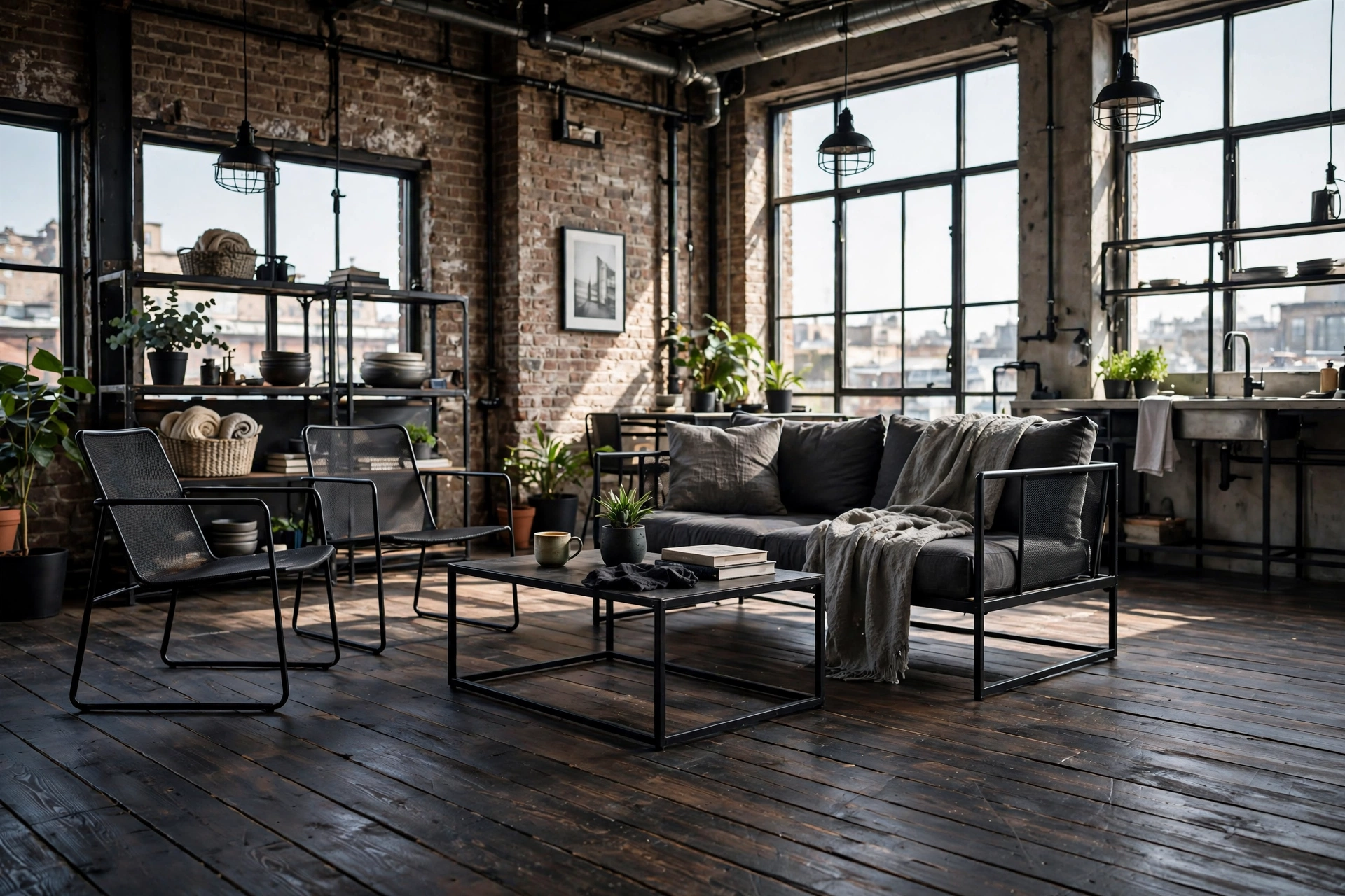 Dark stained wood floors with black metal furniture in an industrial studio apartment