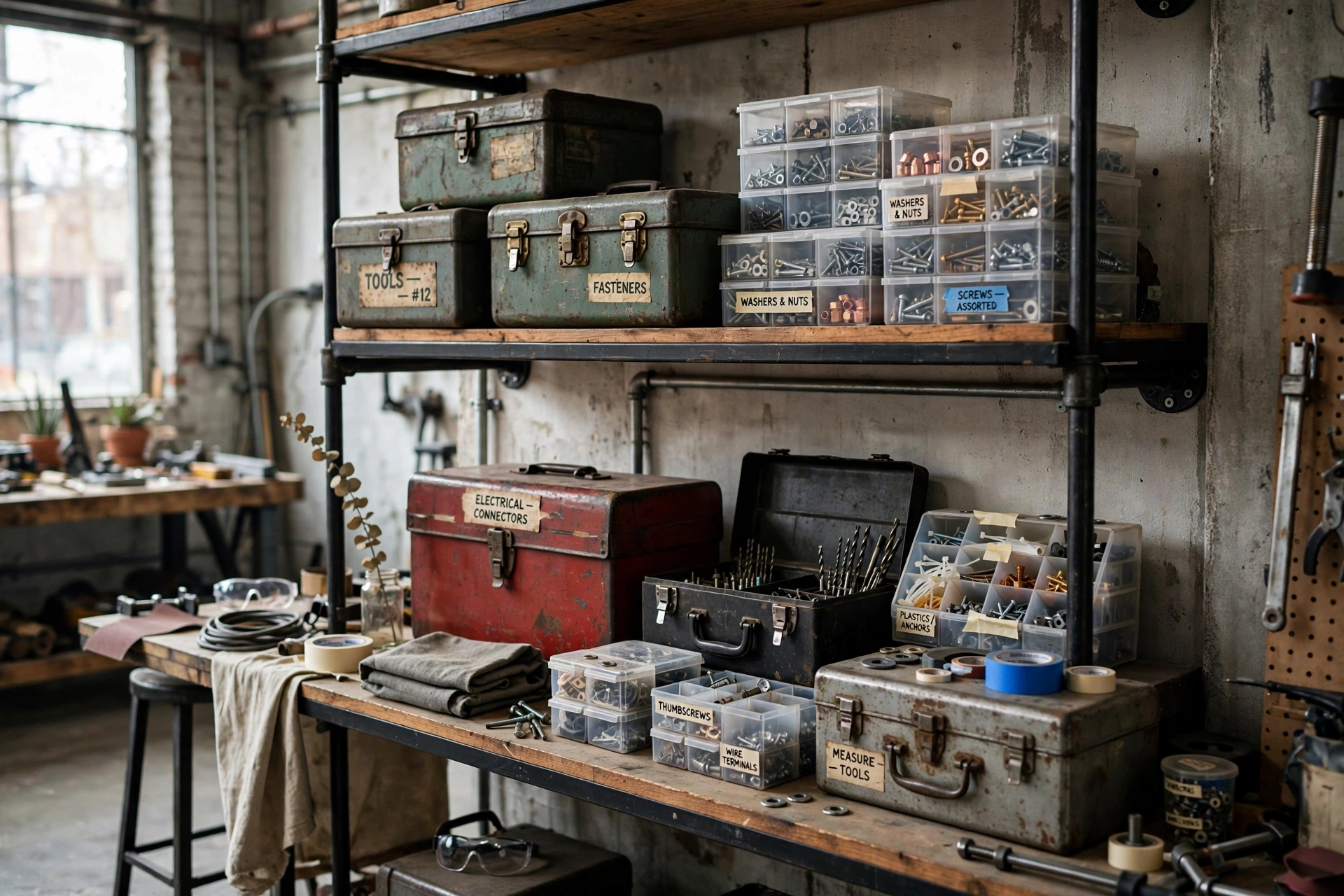 Vintage metal toolboxes as storage on shelving in an industrial studio