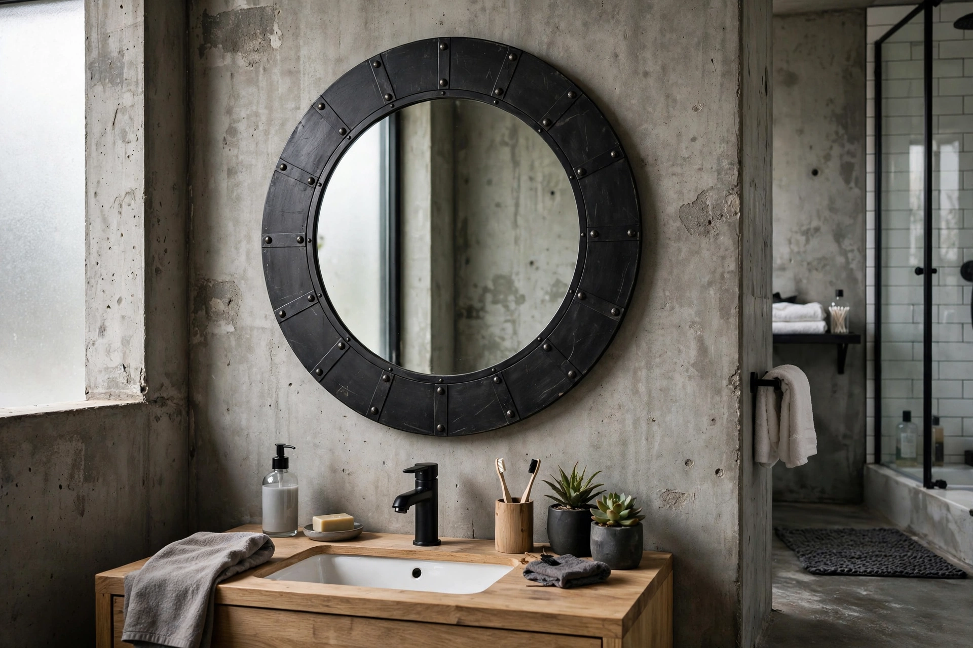 Round riveted metal mirror in an industrial studio apartment