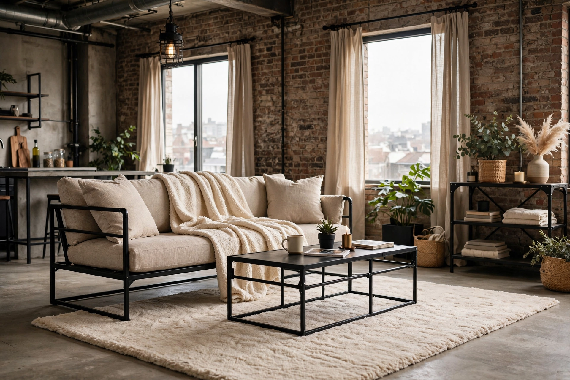 Industrial studio living room softened with cream textiles and a plush rug
