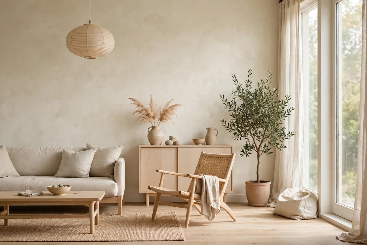 Warm white limewash plaster walls in a calm Japandi living room with soft natural light